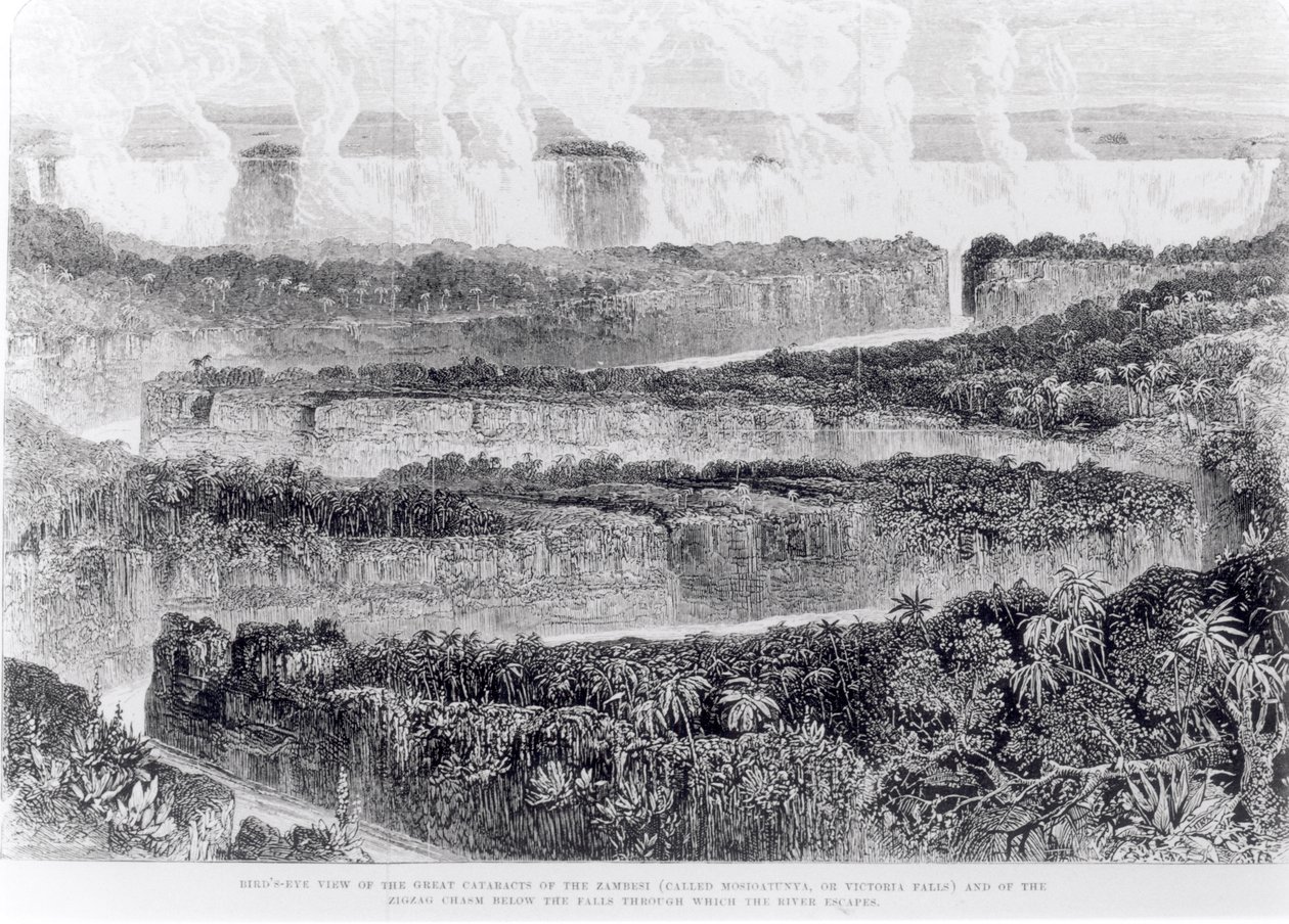 Lintuperspektiivistä näkymä Sambesin suuriin kaihiin (Victoria Falls), kertomus näyttelystä Sambesiin ja sen sivujoille, julkaistu 1865 tekijältä English School