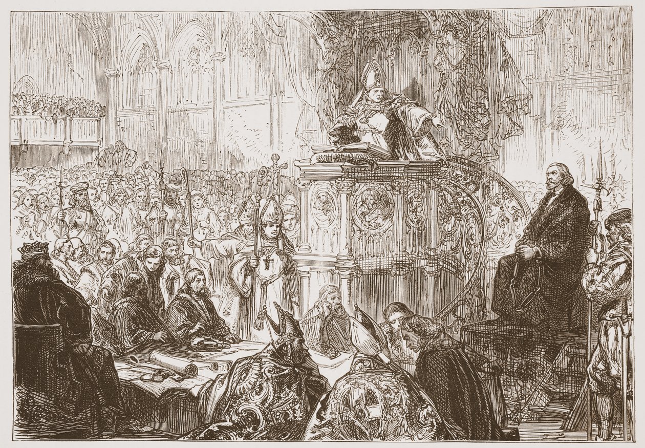 Lodin piispa saarnaamassa Hussin oikeudenkäynnissä, kuvitus James Aitken Wylien (1808-1890) teoksesta The History of Protestantism, pub. 1878 tekijältä English School