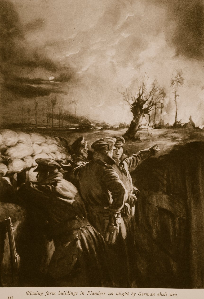 Paloavat maatilarakennukset Flanderissa, jotka syttyivät saksalaisessa ammuspalossa 1914–1919 tekijältä English School