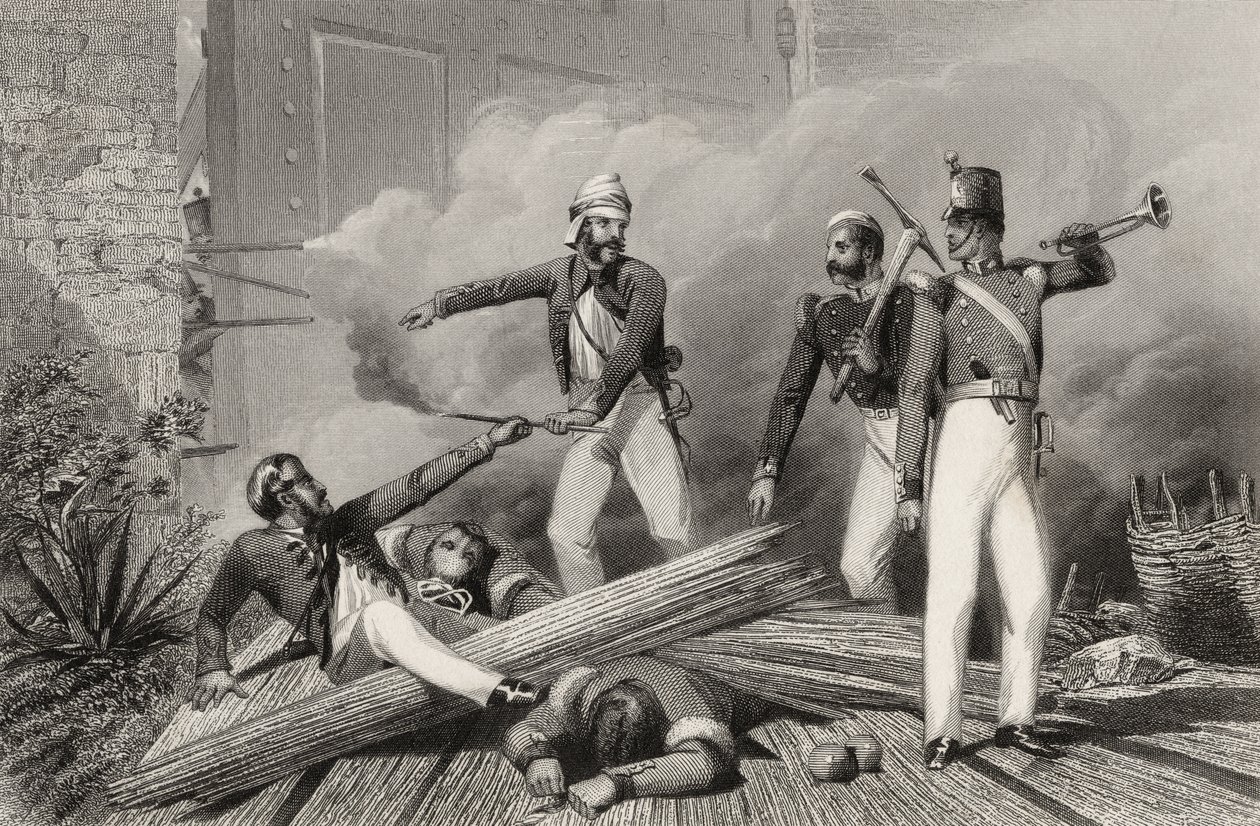 Cashmere Gaten räjäyttäminen Delhissä, vuonna 1858 julkaistusta "Intian kapinan historiasta" tekijältä English School