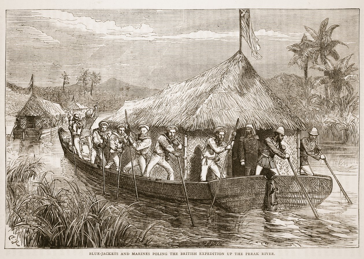 Sinitakit ja merijalkaväen sotilaat polkemassa brittiläistä tutkimusmatkaa ylös Perak-jokea pitkin, kuvitus Cassells Illustrated History of Englandista tekijältä English School