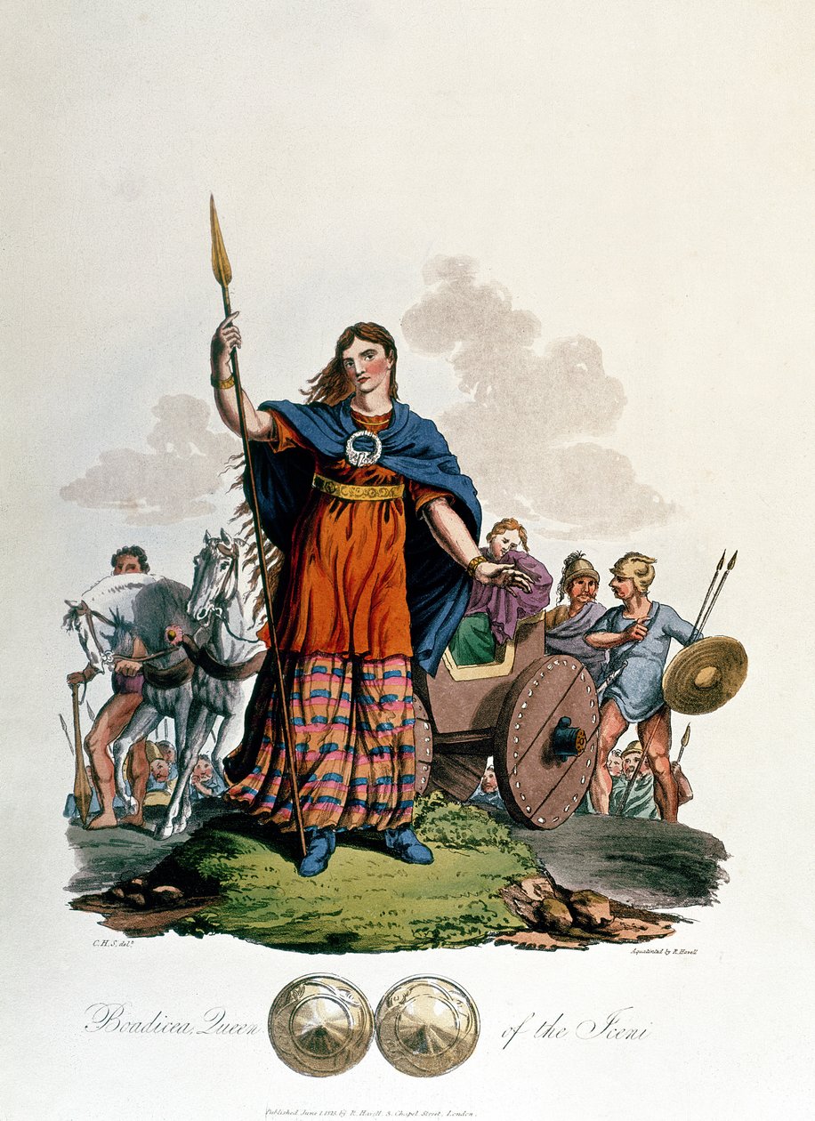 Boadicea, Icenien kuningatar, suunnittelija C.H.S., kaivertanut Richard Havell vanhempi, julkaistu 1815 (akvatinta) tekijältä English School