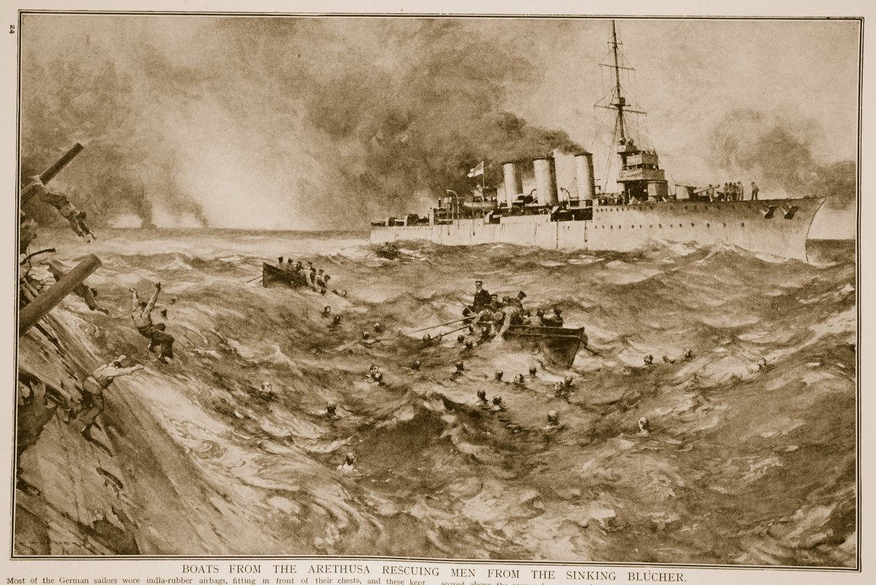 Veneet Arethusalta pelastamassa miehiä uppoavalta Blucherilta, 1914-19 tekijältä English School