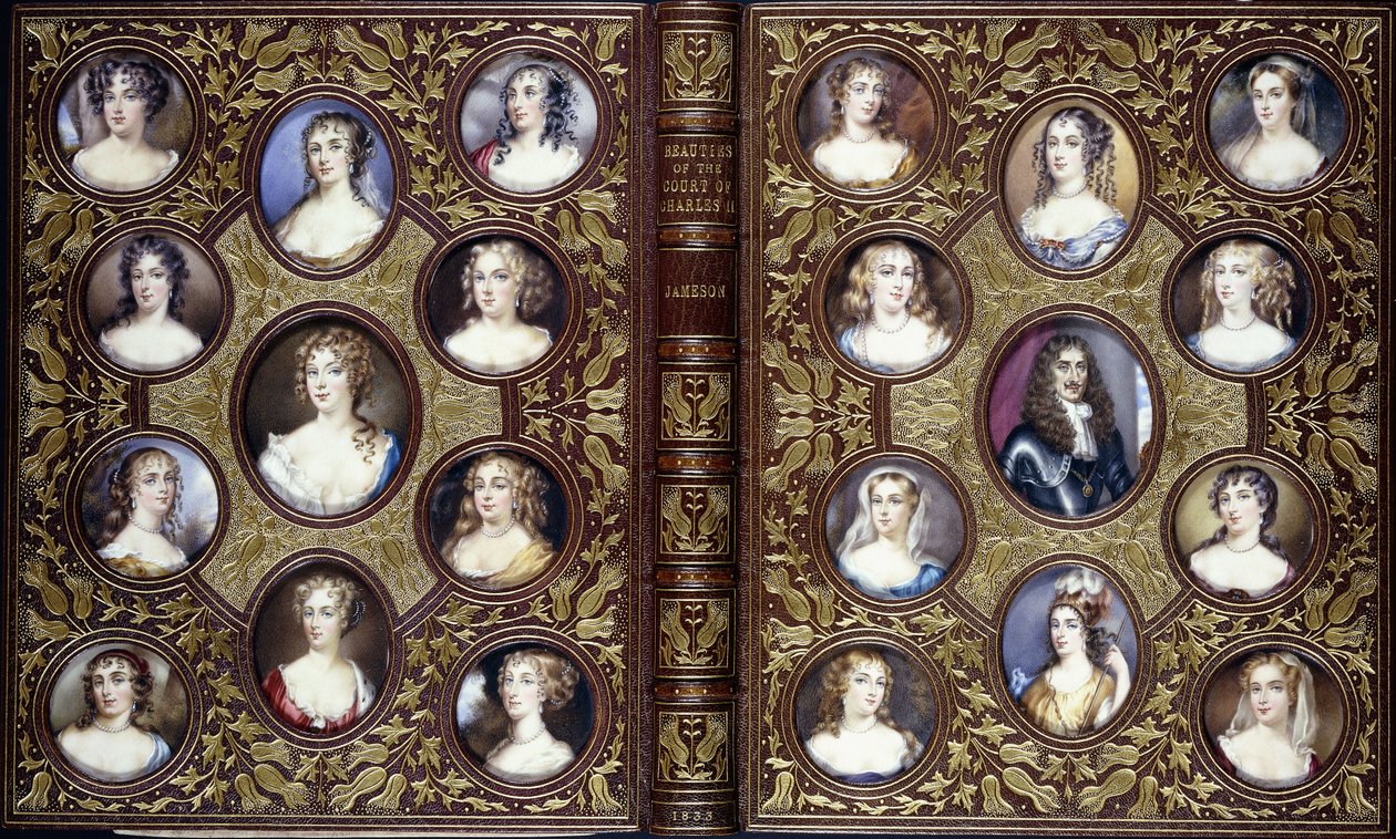 Kirjan kannessa on kaksikymmentäkaksi muotokuvaminiatyyriä Kaarle II:sta ja hänen hovinsa kauniista naisista, 1833 tekijältä English School