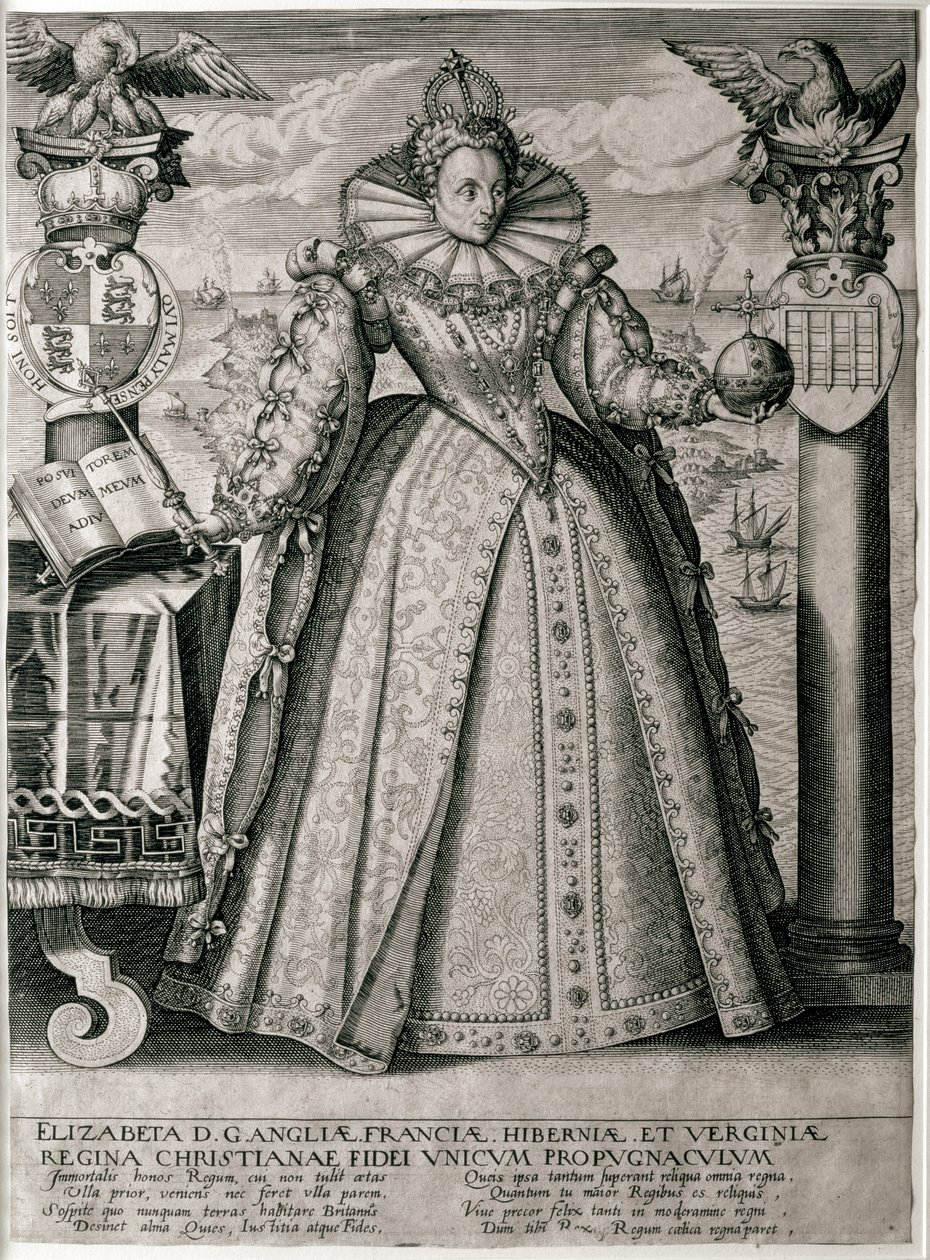 Kirjan etulevy, jossa juhlitaan kuningatar Elisabetin onnellista ja vauras valtakuntaa, 1596 tekijältä English School