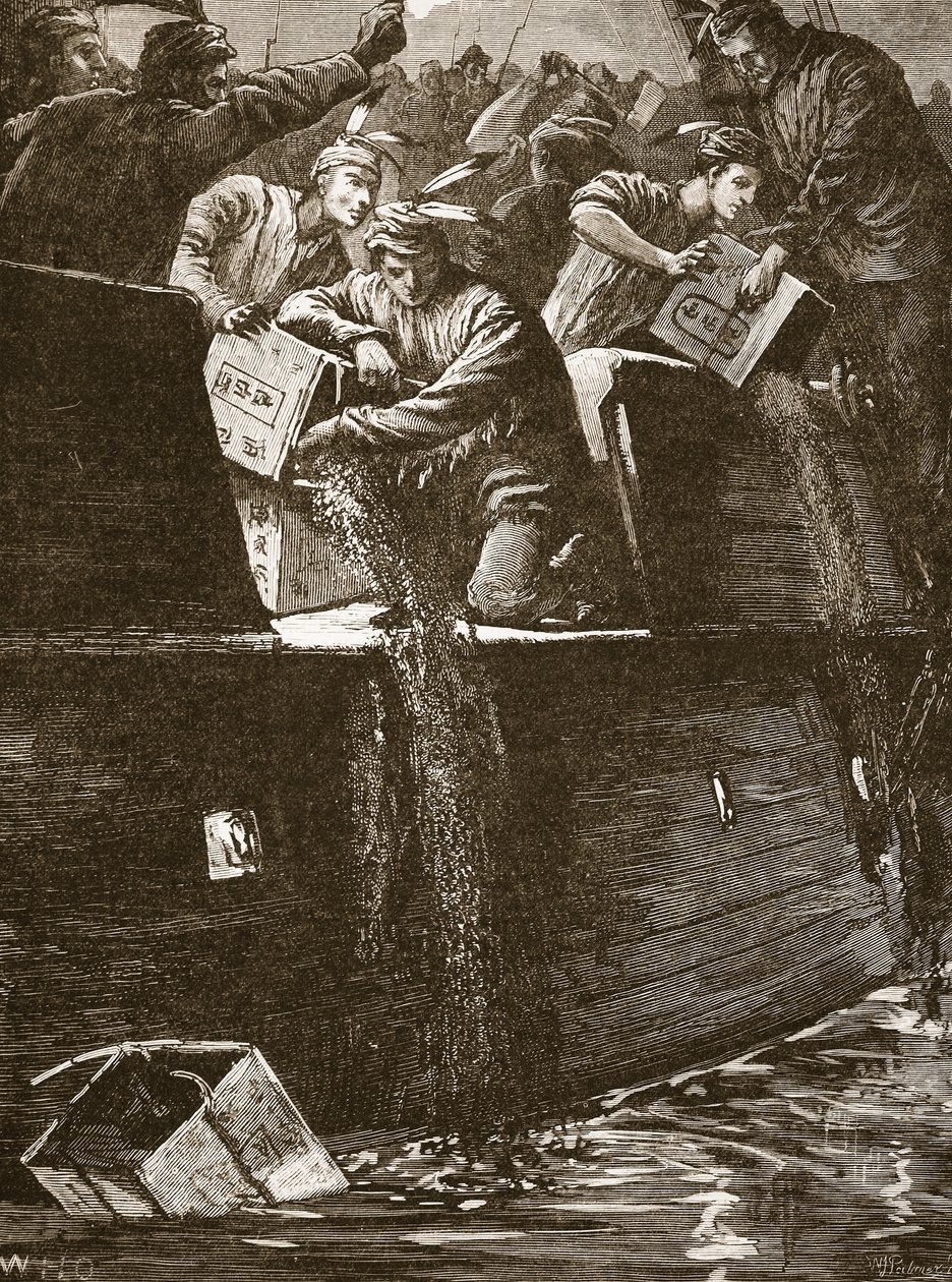 Intiaaneiksi naamioituneet bostonilaiset "pojat" heittävät teelaatikot satamaan, kuvitus teoksesta 