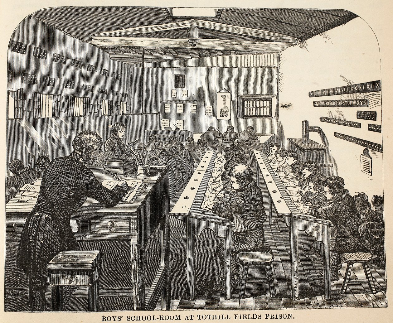 Poikien kouluhuone Tothill Fields Prisonissa, kuvitus Lontoon rikosvankiloista ja Henry Mayhew