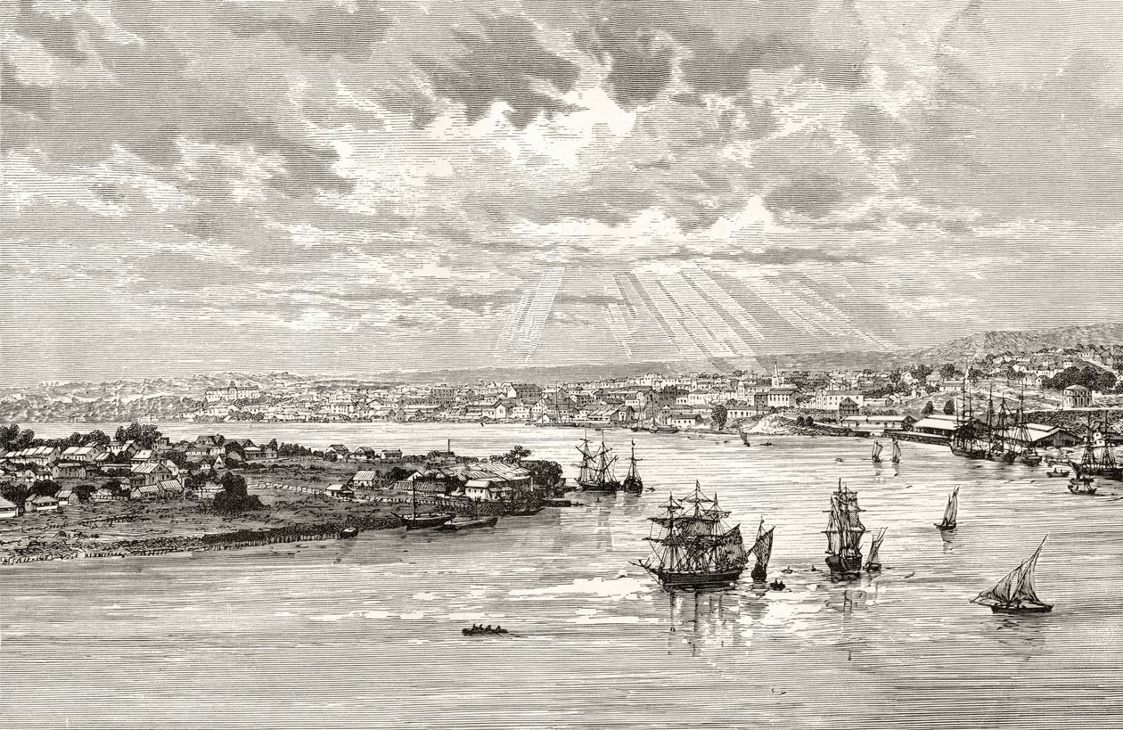 Brisbane Harbour, Australia, n. 1880, Howard Willoughbyn "Australian Pictures" -julkaisusta, julkaisija Religious Tract Society, Lontoo, 1886 tekijältä English School