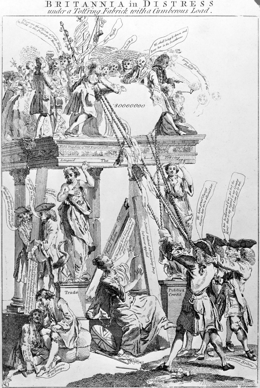 Britannia hädässä horjuvan kankaan alla raskaalla kuormalla, noin 1756 tekijältä English School