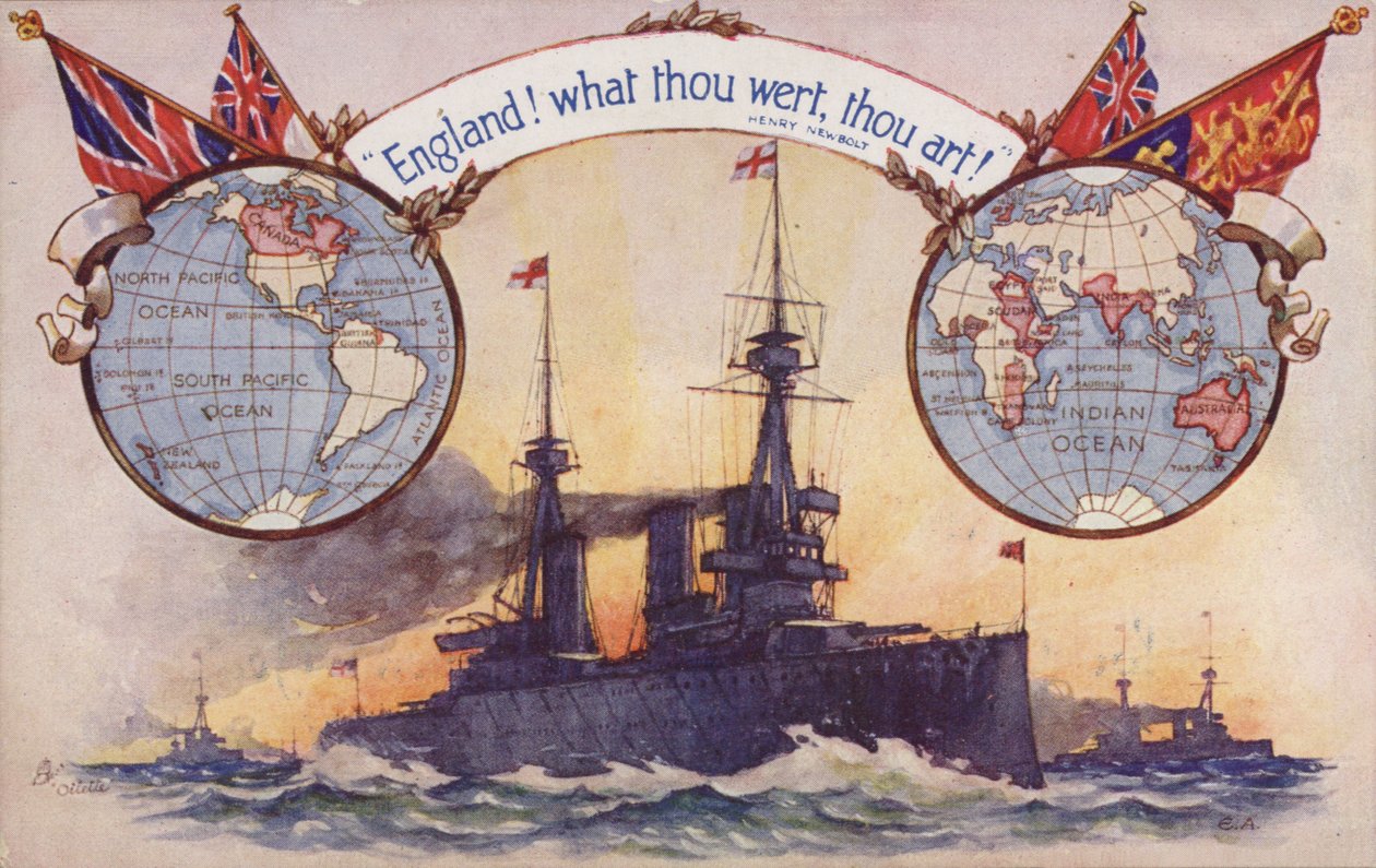 Brittiläinen taistelulaiva, jossa on Britannian imperiumin karttoja ja lippuja (värilitografia). tekijältä English School