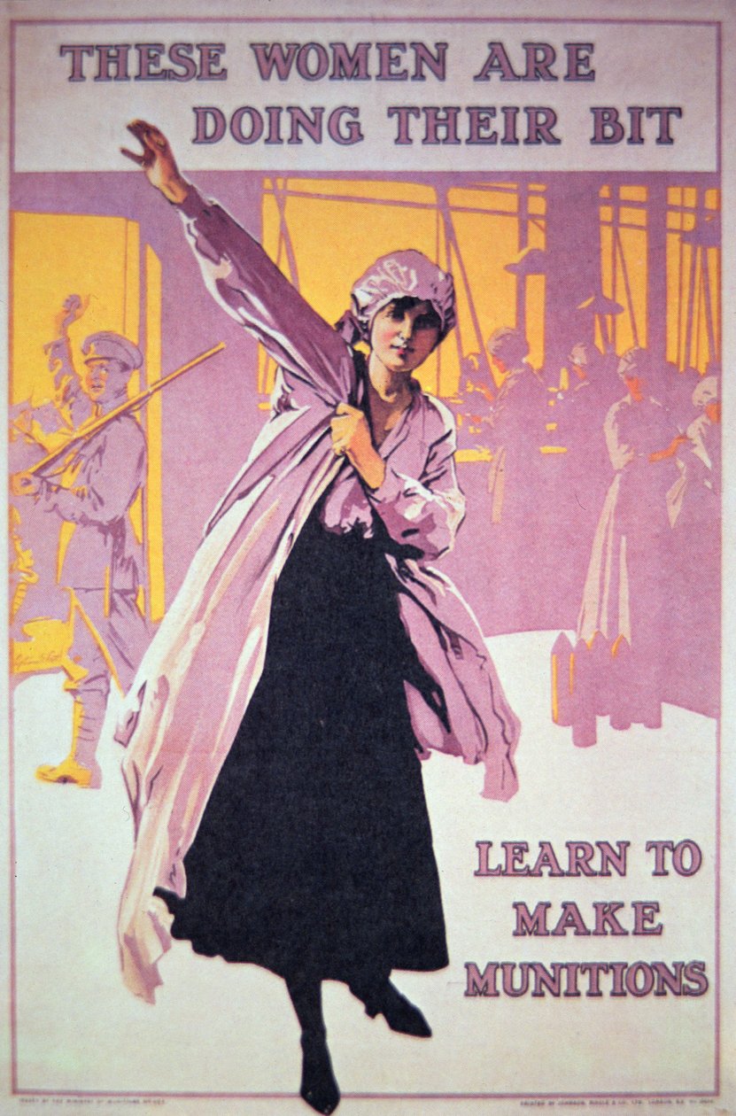 Ensimmäisen maailmansodan brittiläinen juliste, joka kannustaa naisia työskentelemään sotatarviketehtailla, n. 1914-1918 (värilitho) tekijältä English School
