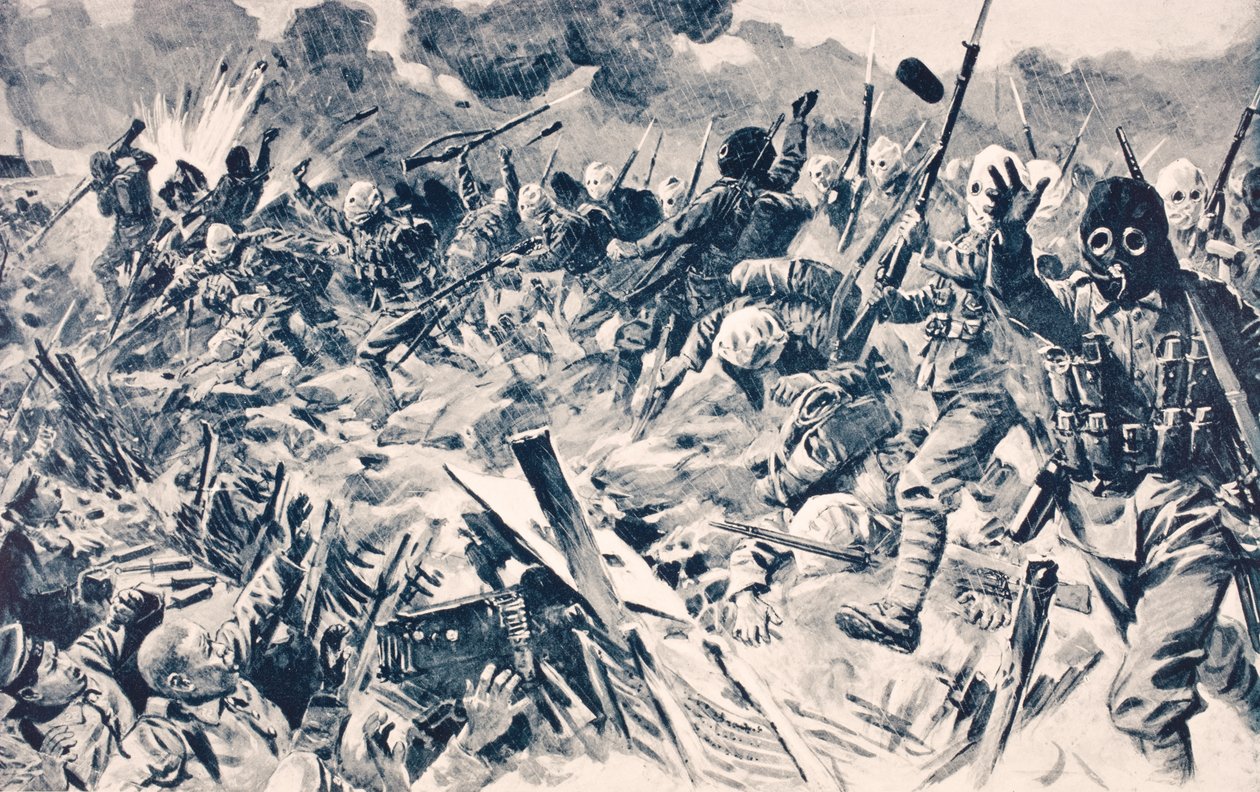 Brittijoukot kaasunaamareissa hyökkäävät Saksan juoksuhaudoihin Loosissa, Ranskassa, 25. syyskuuta 1915 Lontoossa 1916 julkaistusta The War Illustrated Album deLuxe -albumista. tekijältä English School