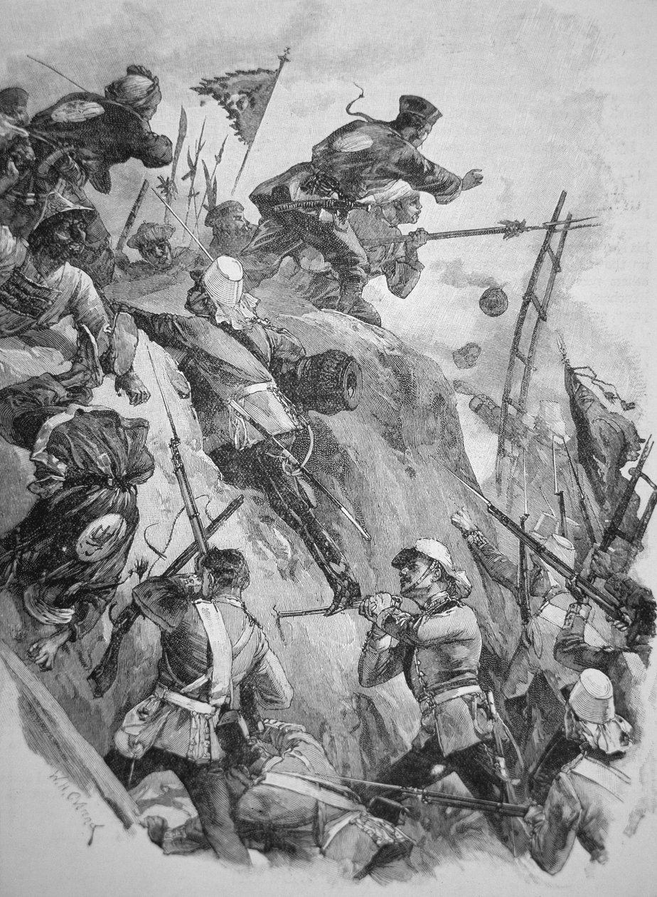 Brittijoukot hyökkäsivät Takun linnoituksiin Kiinassa vuonna 1860 oopiumisodan aikana (litho) tekijältä English School
