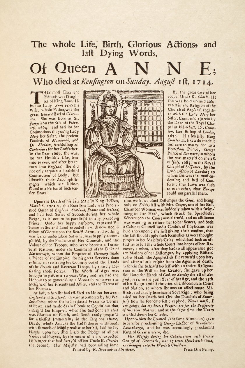 Broadside julkaistiin kuningatar Annen kuolemasta sunnuntaina 1. elokuuta 1714 (painettu ja puupiirros) tekijältä English School