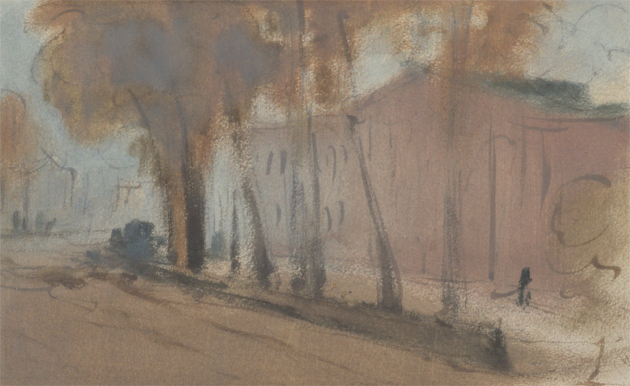 Building with Trees (Study for Chelsea Embankment), aiemmin J.M.W. Turner (1775-1851) ja myös Peter de Wint (1784-1849), 1825-27 (öljy paperille) tekijältä English School
