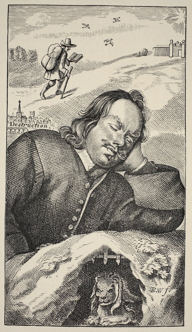 Bunyans Dream, John Bunyanin (1628–1688) The Pilgrims Progressin etukappale, 4. painos, pubi. 1680 (seepiakuva) tekijältä English School