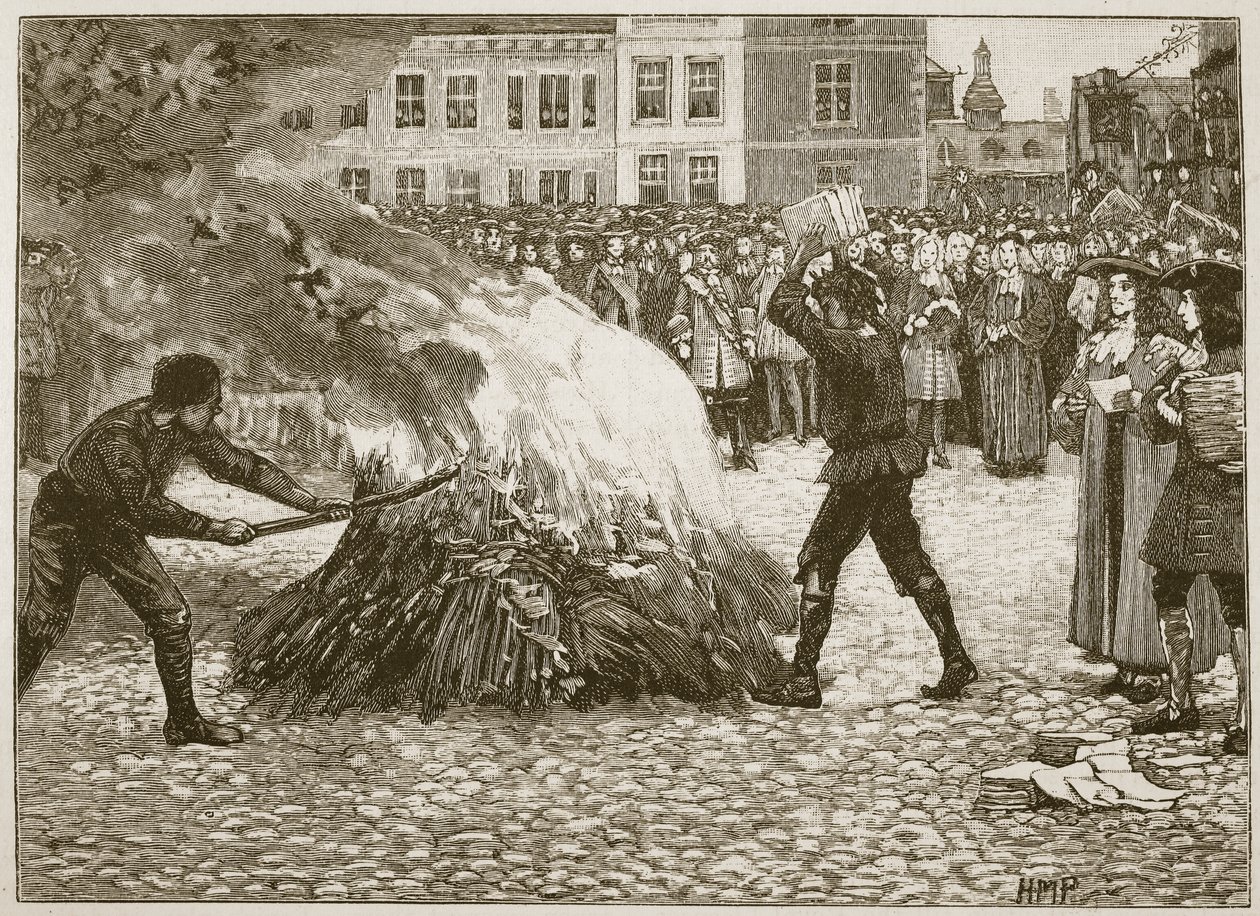 Burning of Blounts -lehtinen, Common Hangman, kuvitus Cassells Illustrated History of Englandista (seepiakuva) tekijältä English School