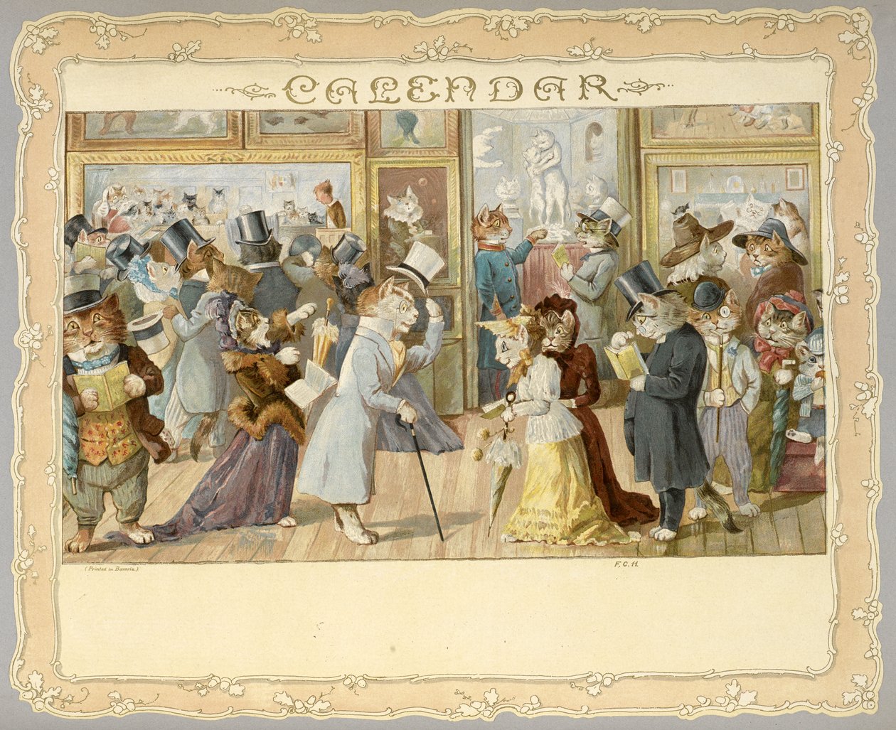 Kalenteri. Etukannessa kissoja. Miellyttäviä yllätyksiä kaikenkokoisille ihmisille. [Jakeessa. Kuvituksilla.]Lontoo : E. Nister, [1892] tekijältä English School