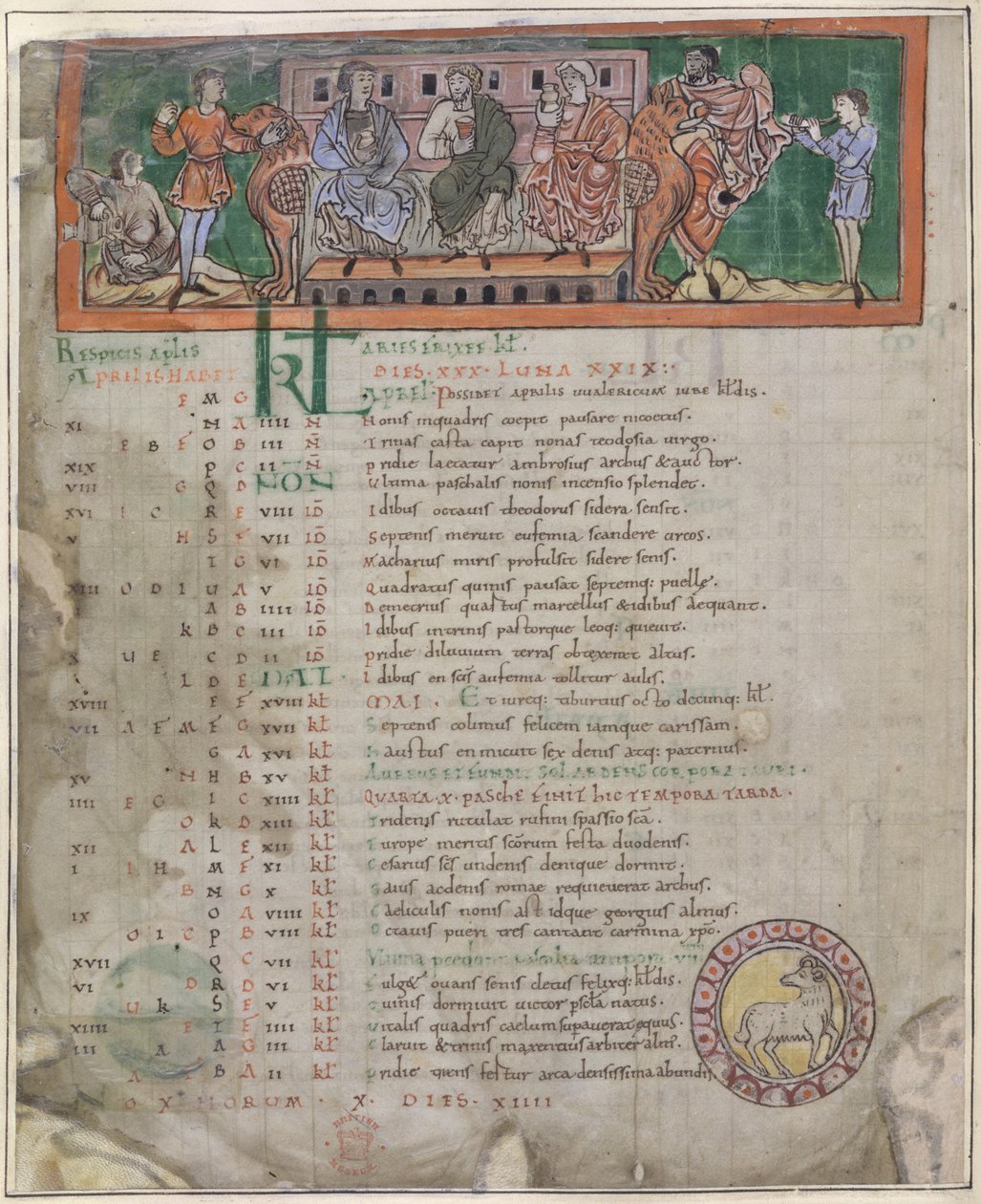 Kalenterisivu huhtikuulle: juhlat, kuvitus "anglosaksisesta kalenterista" (vellum) tekijältä English School