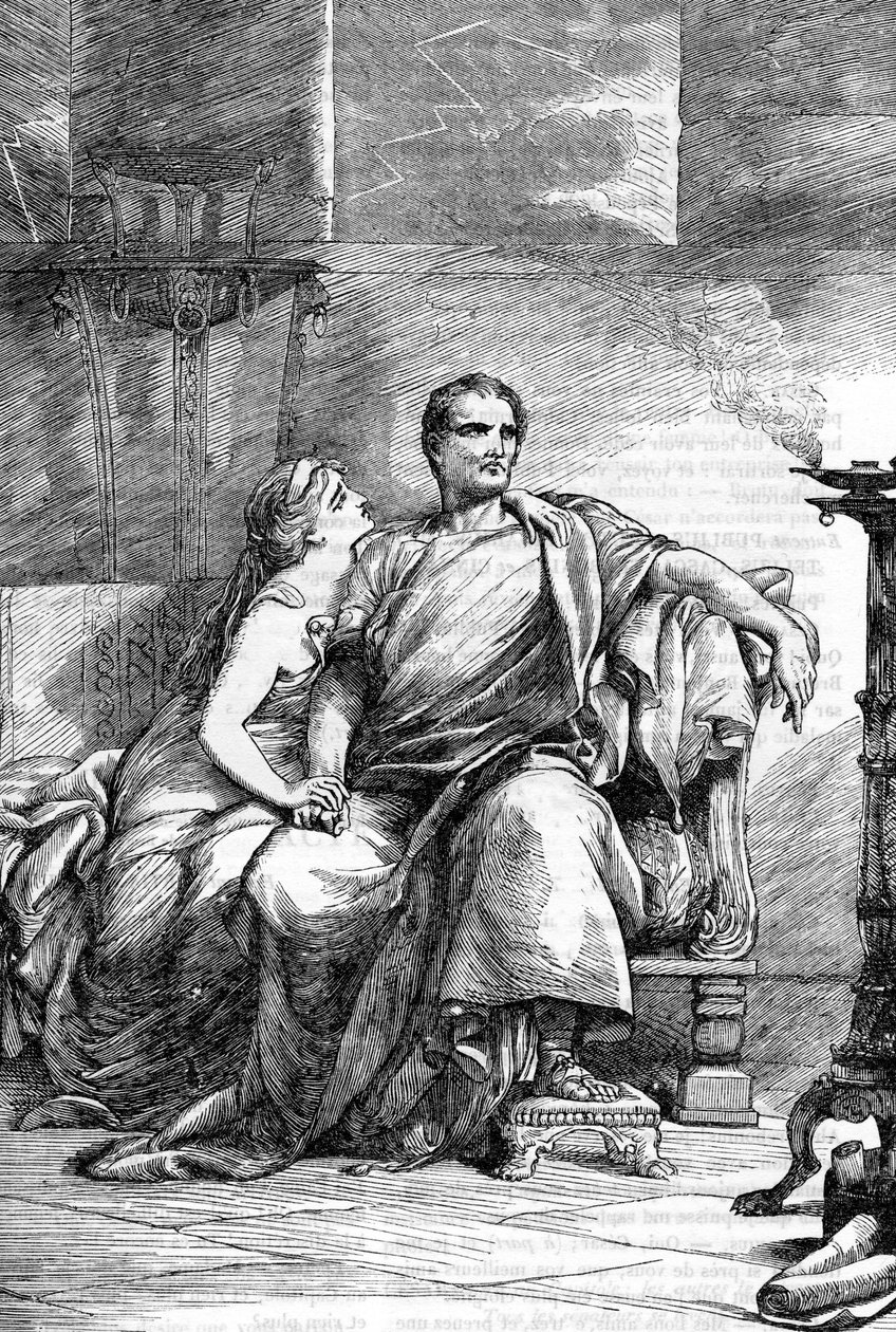 Calpurnia (Calpurnia Pisonis) ja Caesar - Jules Cesar - Julius Caesarin tragedia - Kuvitus teoksessa "" Completes de William Shakespeare"" 1866 - Tämän painoksen kuvitukset ja yleinen muoto on lainattu Cassellin kuvittamasta Shakespearesta, pubista tekijältä English School