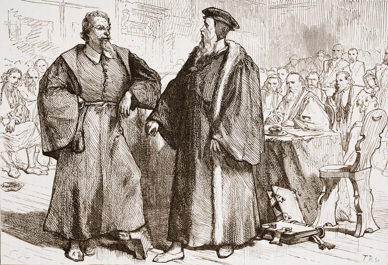 Calvin ja Servetus ennen Geneven kirkolliskokousta, esimerkki James Aitken Wylien (1808-1890) teoksesta The History of Protestantism, pub. 1878 tekijältä English School