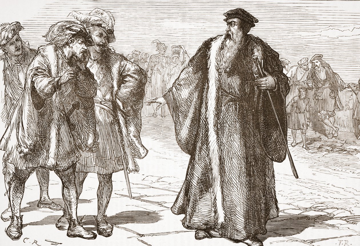 Libertiinien loukkaama Calvin Rhônen sillalla, esimerkki James Aitken Wylien (1808-1890) teoksesta The History of Protestantism, pub. 1878 tekijältä English School