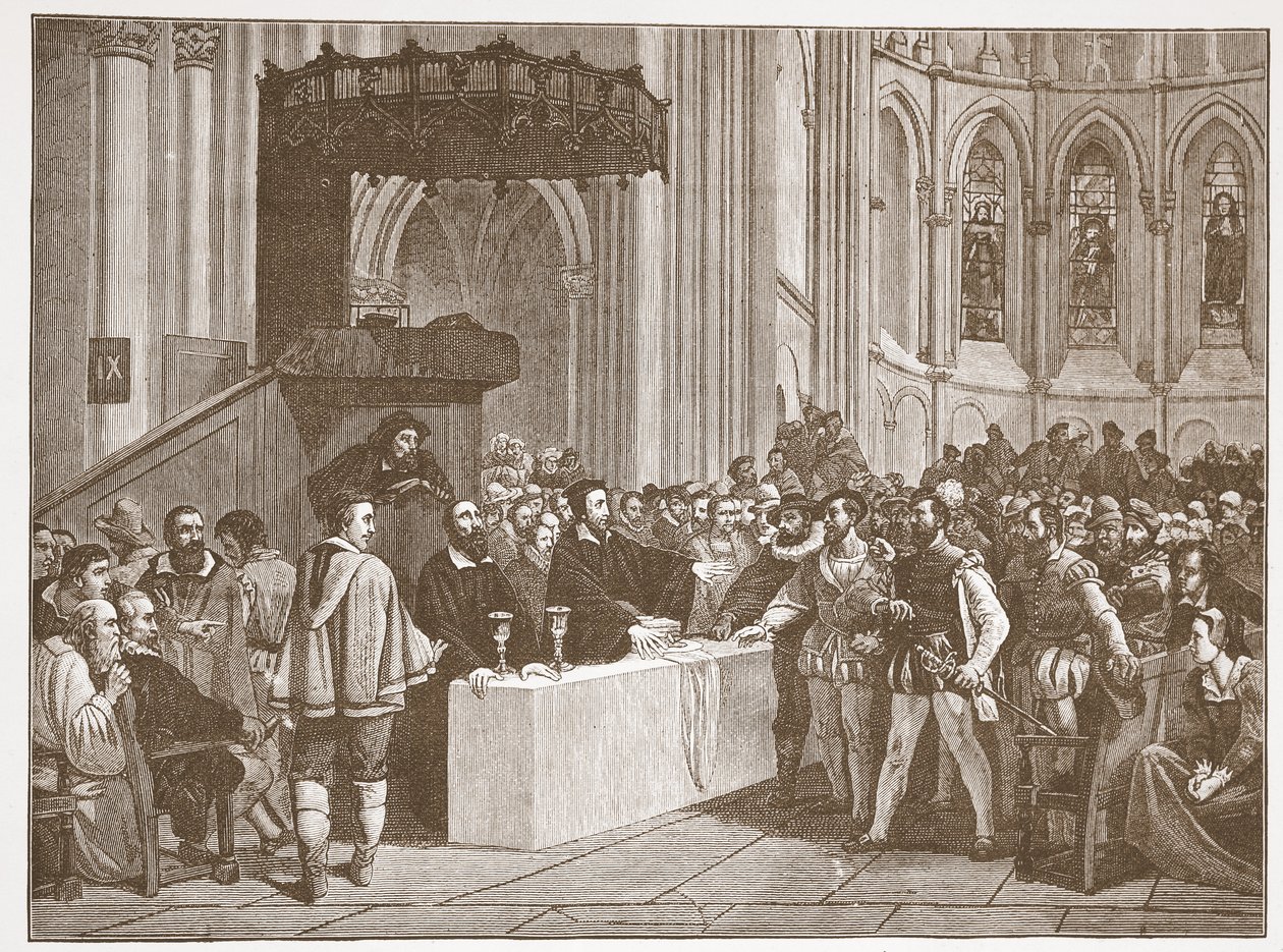 Calvin kieltäytyy herran ehtoollisesta Libertiineille St. Petersin katedraalissa Genevessä, esimerkki James Aitken Wylien (1808-1890) teoksesta The History of Protestantism, pub. 1878 tekijältä English School