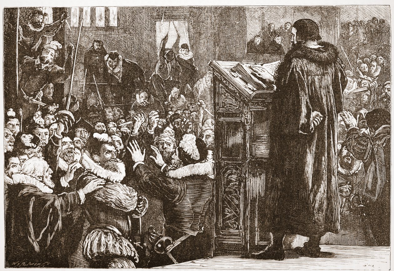 Calvin uhkasi Riven kirkossa, esimerkki James Aitken Wylien (1808-1890) teoksesta The History of Protestantism, pub. 1878 tekijältä English School