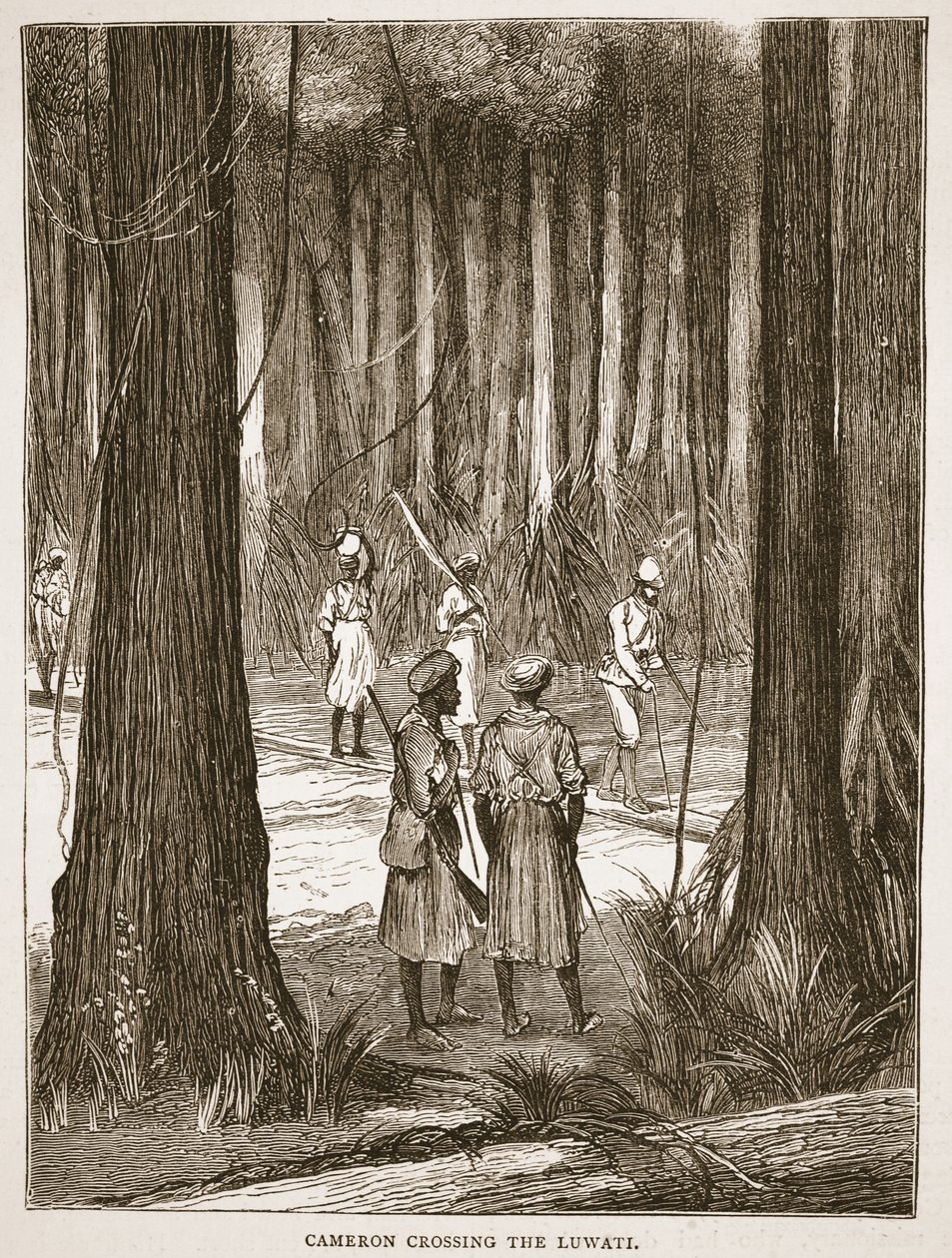 Cameron ylittämässä Luwatia, kuvitus J. Ewing Richien David Livingstonen elämän ja löytöjen kuvapainoksesta, pub. kirjoittanut A. Fullarton & Co., 1876 tekijältä English School