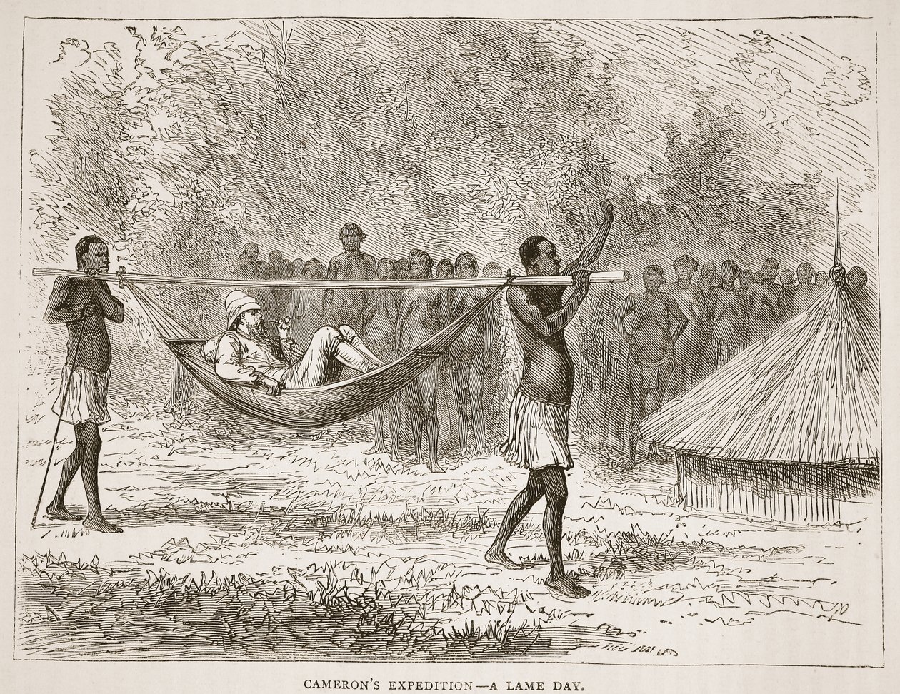 Camerons-retkikunta - ontuva päivä, kuvitus J. Ewing Richien David Livingstonen elämän ja löytöjen kuvapainoksesta, pub. kirjoittanut A. Fullarton & Co., 1876 tekijältä English School