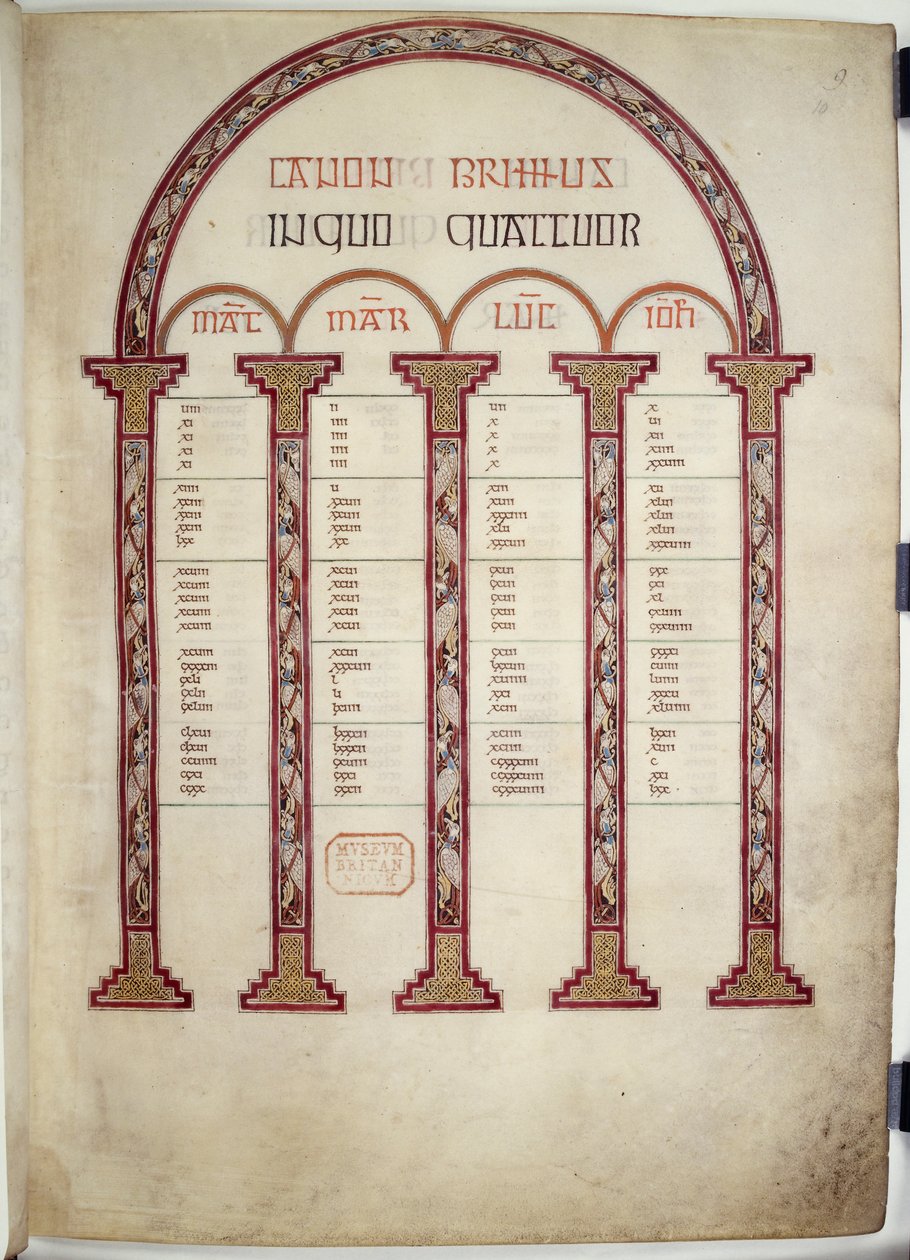Canon Tables, kuvitus "Lindisfarne Gospelsista", 710-21 (vellum) tekijältä English School