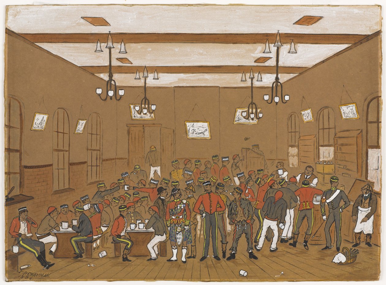 Ruokala, jossa on 7. dragoonikaartin, 3. husaarien, Scots Greyn ja 10. husaarien miehiä, 1886 (wc paperille). tekijältä English School
