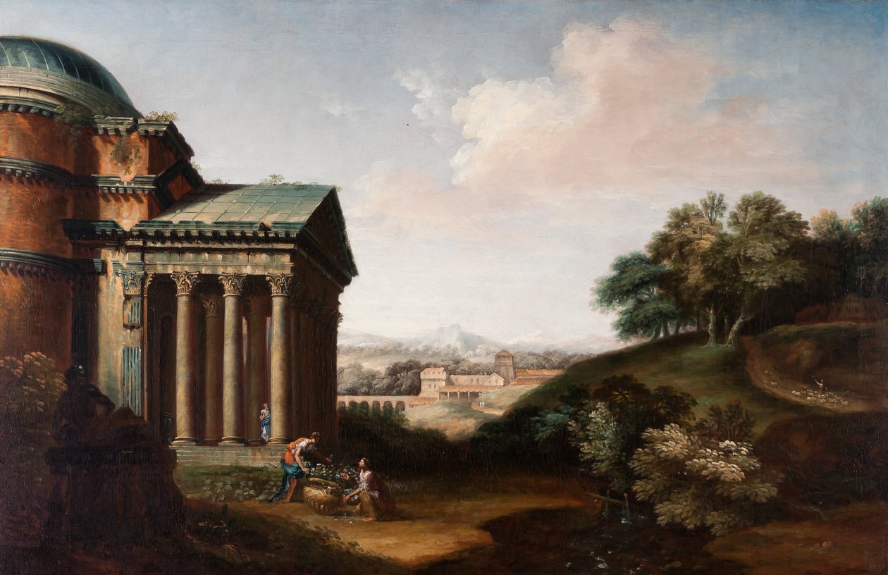 Capriccio-näkymä Pantheonista, hahmot ja akvedukti, n. 1760 tekijältä English School