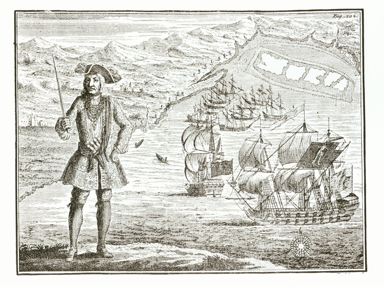 Kapteeni Bartholomew Roberts (1682-1722) kahden aluksen, Royal Fortunen ja Rangerin kanssa purjehtii Whydah Roadilla Guineyn rannikolla tammikuun 11. päivänä 172?, A General History of the Robberies ja Mu. tekijältä English School