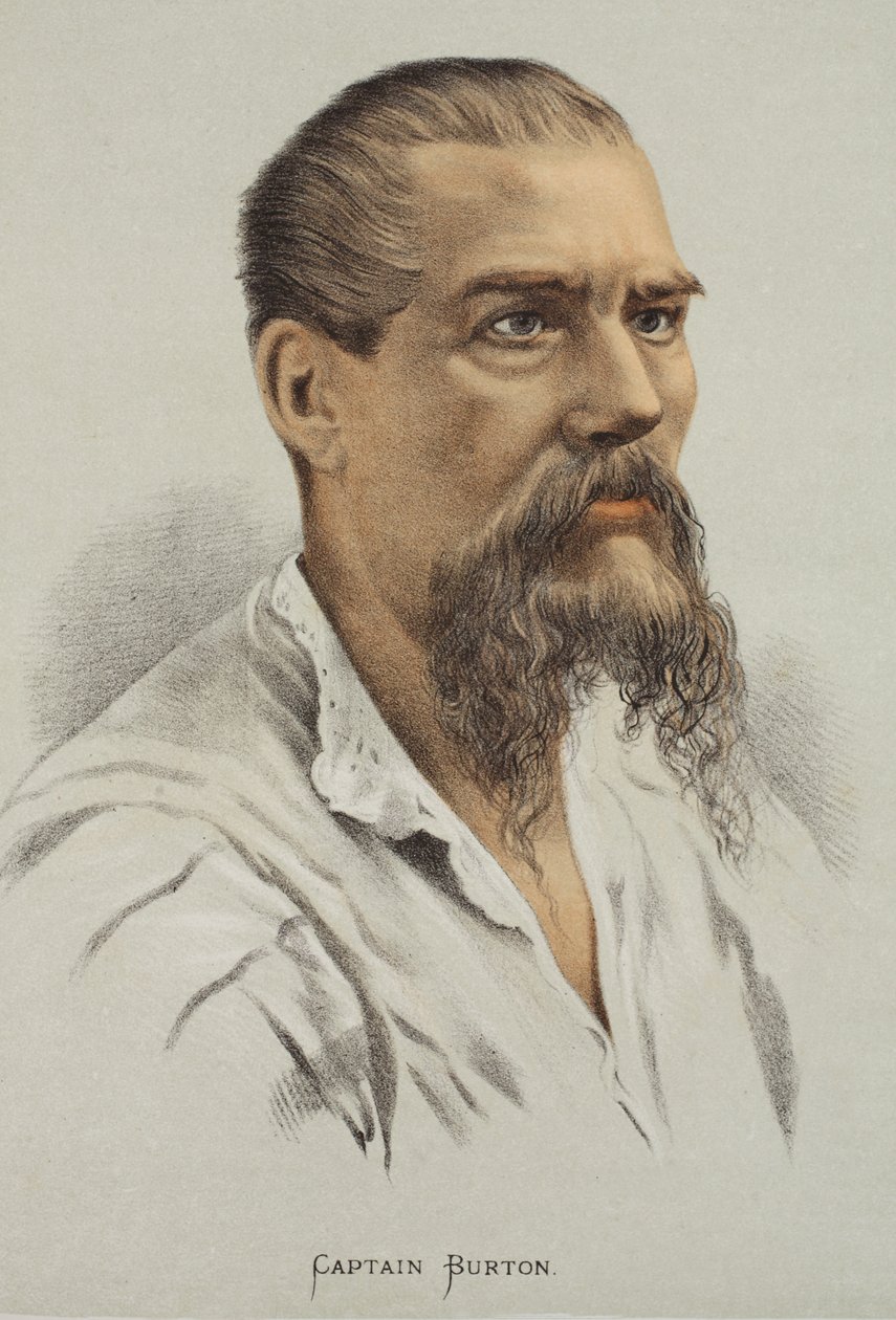 Kapteeni Burton, kuvitus J. Ewing Richien David Livingstonen elämän ja löytöjen kuvapainoksesta, pub. kirjoittanut A. Fullarton & Co., 1876 tekijältä English School