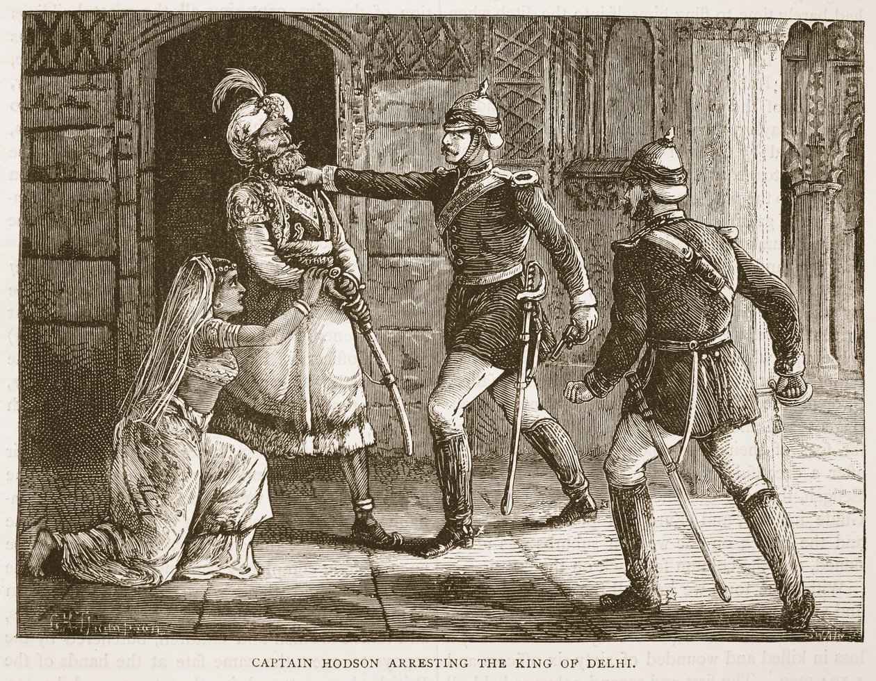 Kapteeni Hodson pidätti Delhin kuninkaan, kuva Cassells Illustrated History of Englandista tekijältä English School