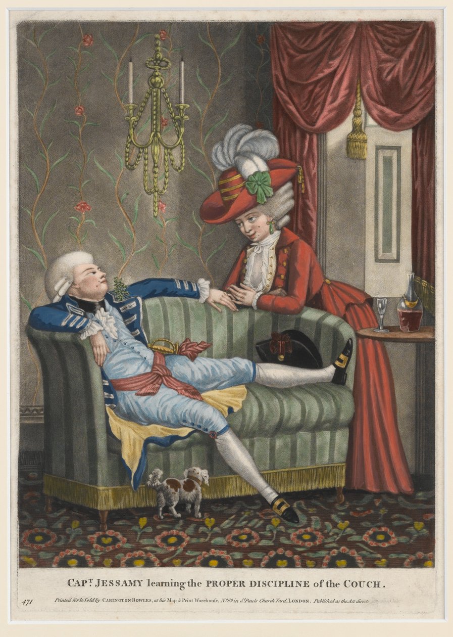 Kapteeni Jessamy oppii sohvan oikeaa kuritusta, n. 1782 (käsinvärinen mezzotint) tekijältä English School