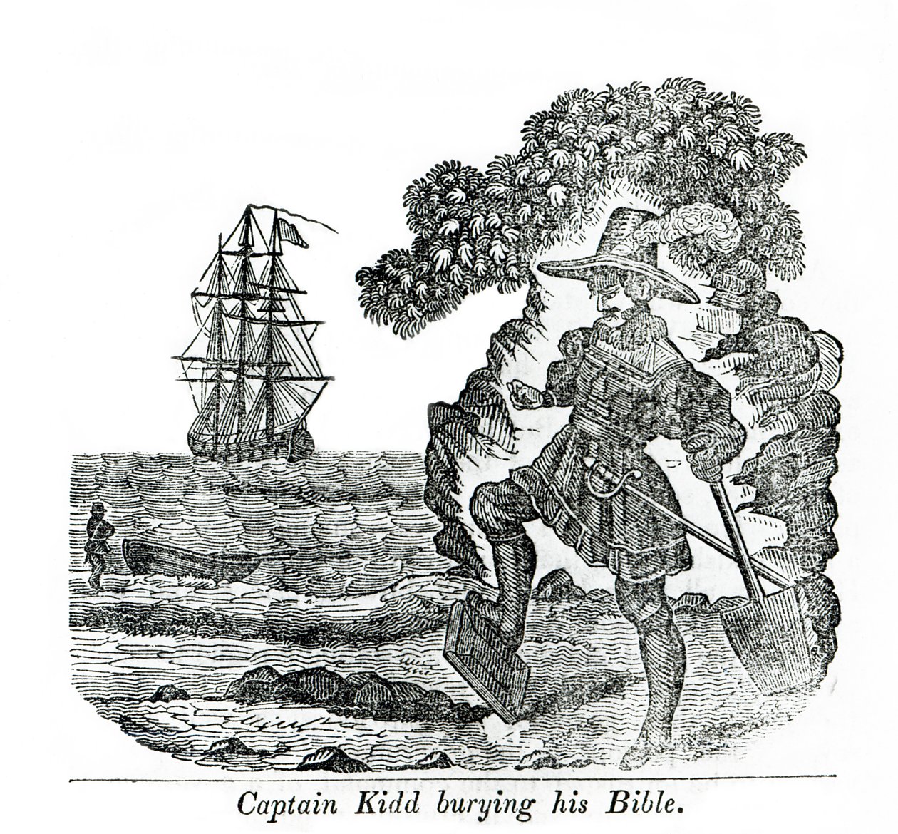 Kapteeni Kidd hautaa raamattuaan, kuvitus Charles Elmsin kirjasta "Pirates own Book". tekijältä English School