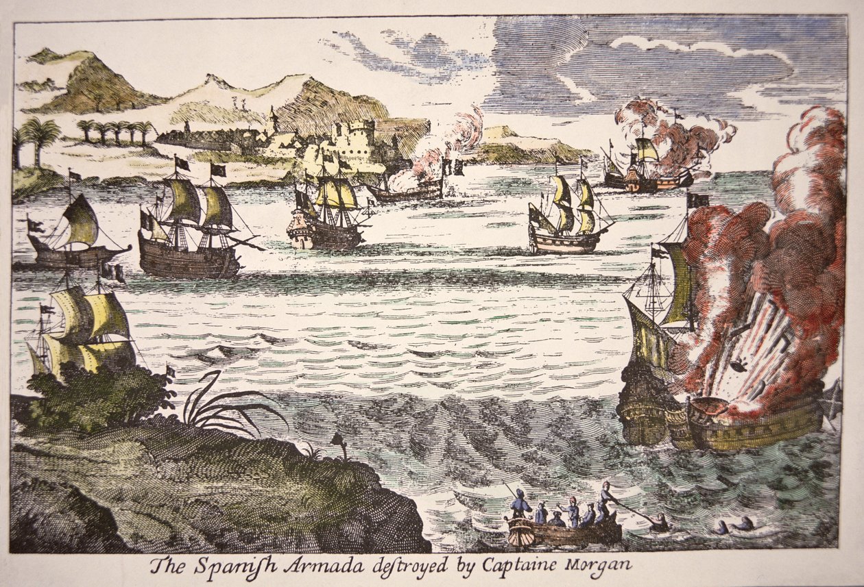 Kapteeni Morgan kukisti espanjalaiset sotalaivat, jotka tukkivat Maracaibo-järven suun vuonna 1669 (värillinen kaiverrus) tekijältä English School