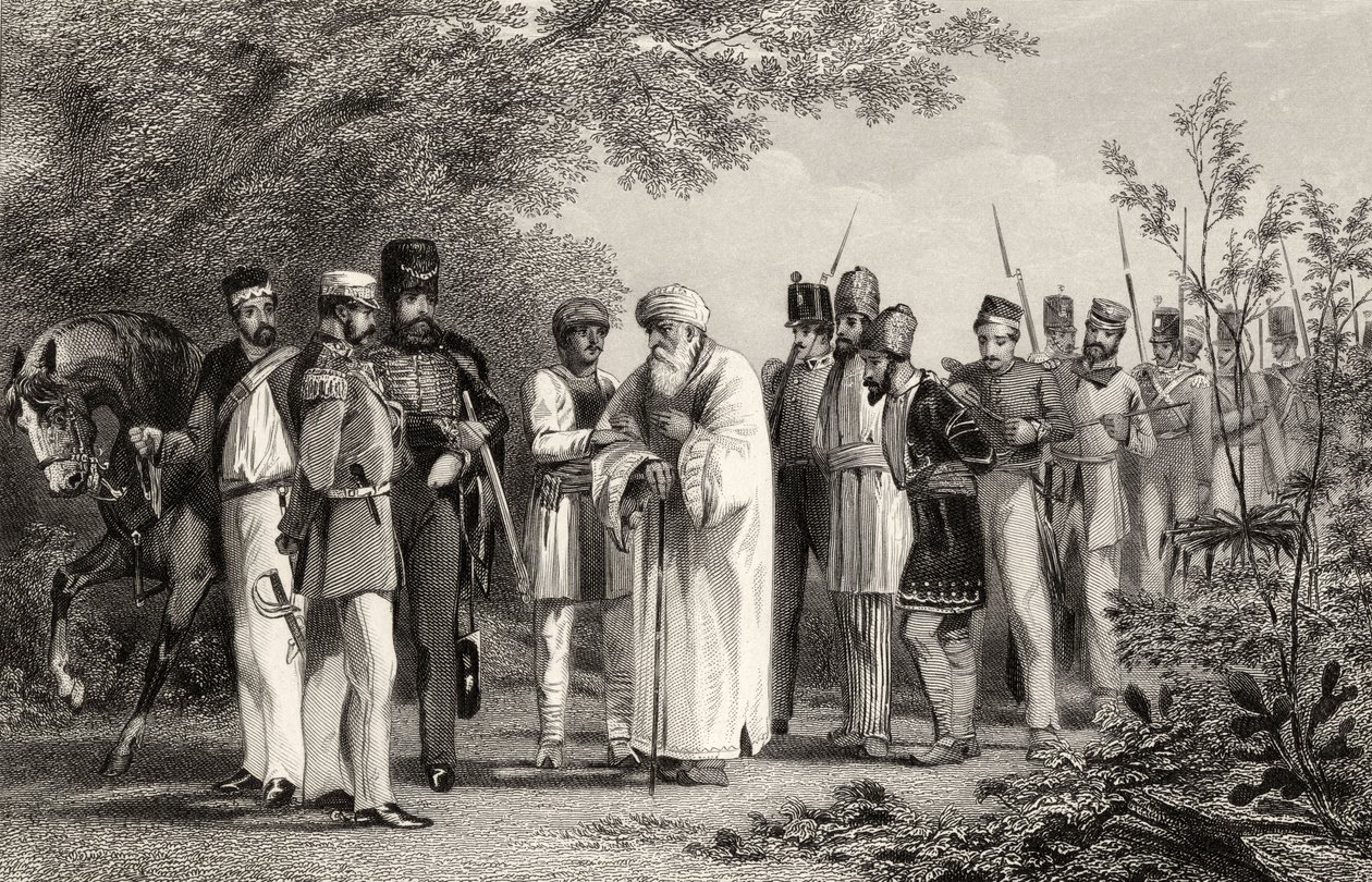Kapteeni Hodsonin Delhin kuninkaan vangitseminen vuonna 1858 julkaistusta "Intian kapinan historiasta" tekijältä English School