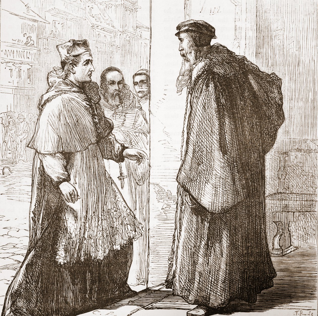 Kardinaali Sadoleto vierailee Calvinissa, kuvitus James Aitken Wylien (1808-1890) teoksesta The History of Protestantism, pub. 1878 tekijältä English School