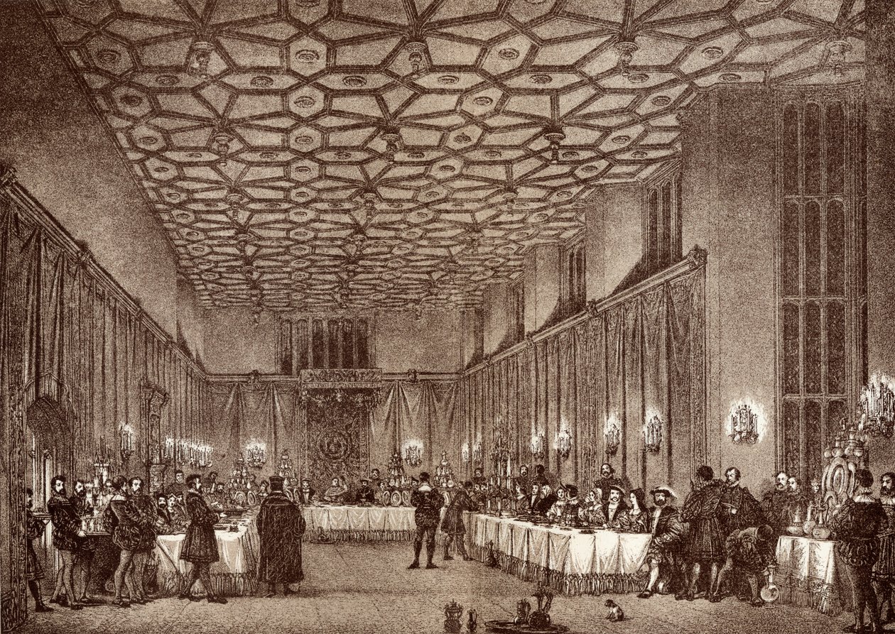Kardinaali Wolsey viihdyttämässä Ranskan suurlähettiläitä Hampton Courtin palatsissa Ernest Lawn julkaisusta "History of Hampton Court Palace in Tudor Times", julkaistu Lontoossa 1885 tekijältä English School