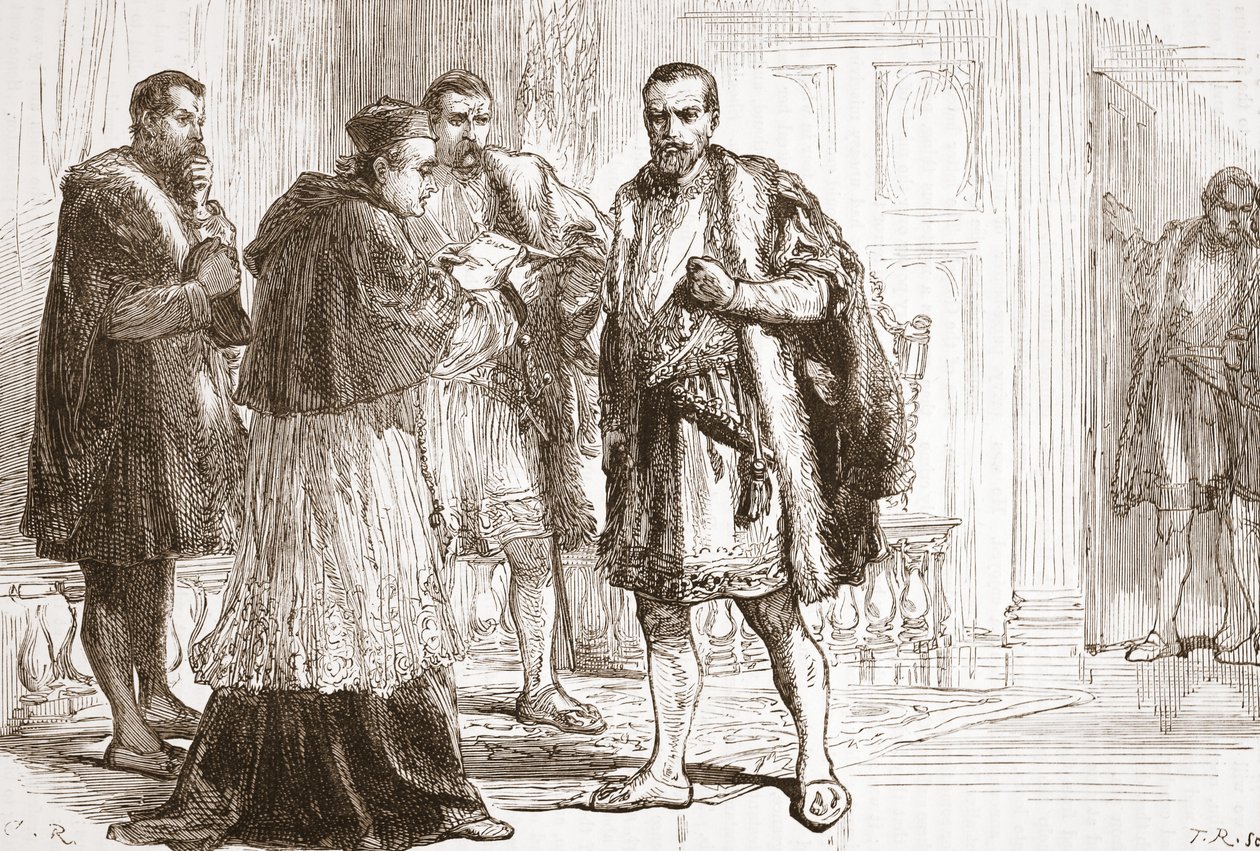 Kardinaali de Tournon lukee protestanttista kylttiä Francis I:lle, kuvitus James Aitken Wylien (1808-1890) teoksesta The History of Protestantism, pub. 1878 tekijältä English School