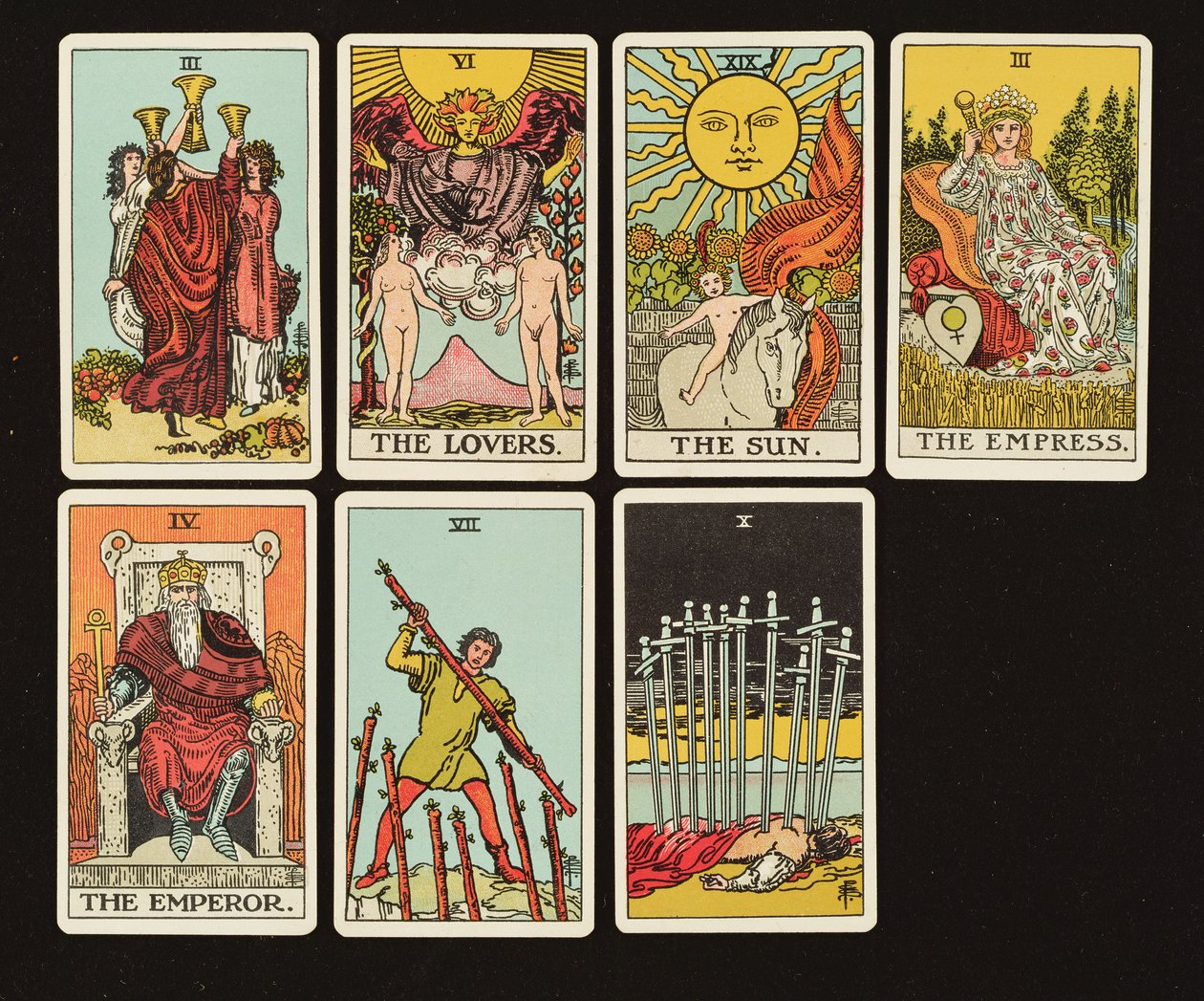 Kortit Tarot-sarjasta, n. 1809 (käsinvärinen lito) tekijältä English School