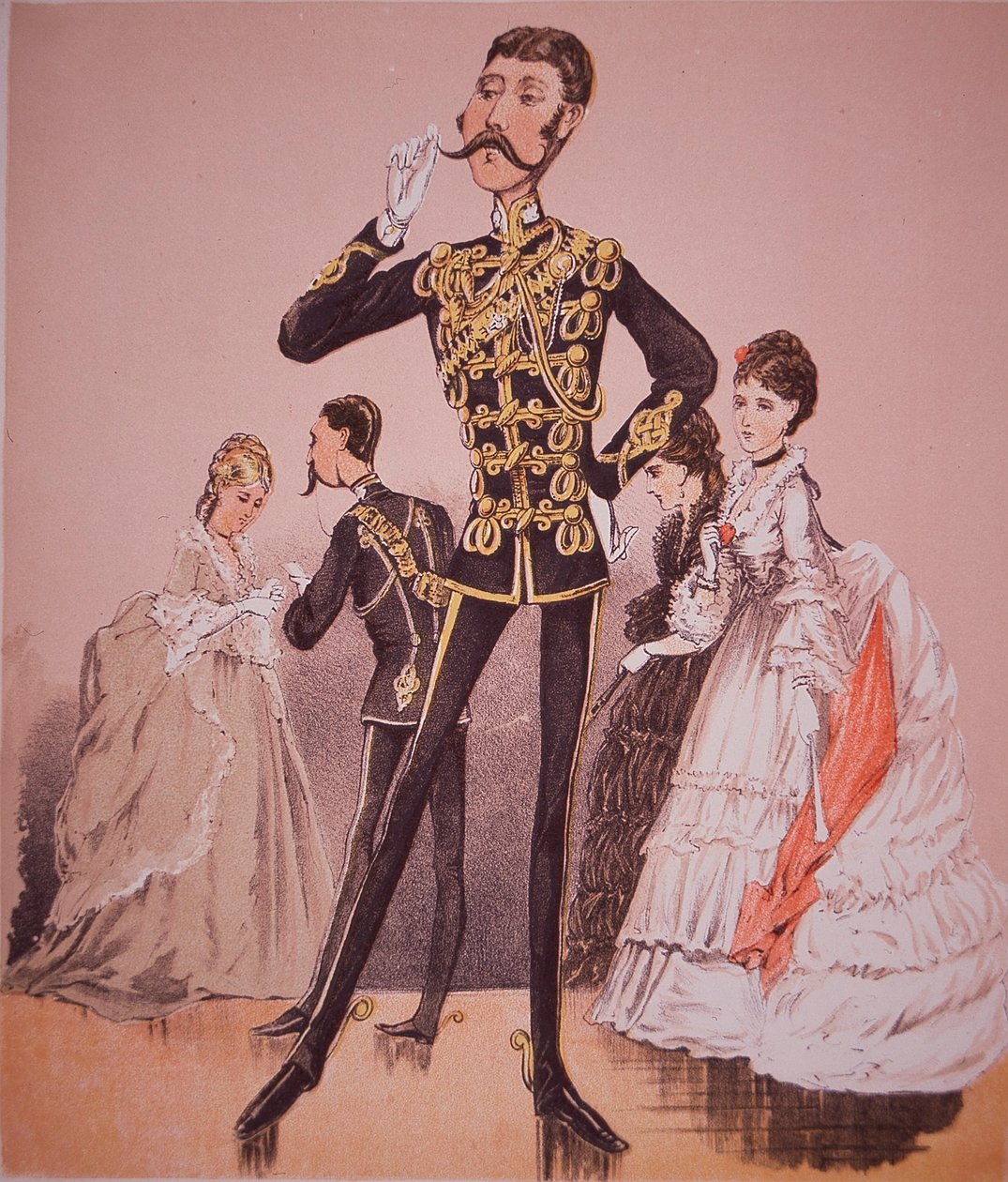 Karikatyyri 10. Walesin prinssin omista kuninkaallisista husaareista, majuri Seccomben "Army and Navy Drolleries" -sarjasta tekijältä English School