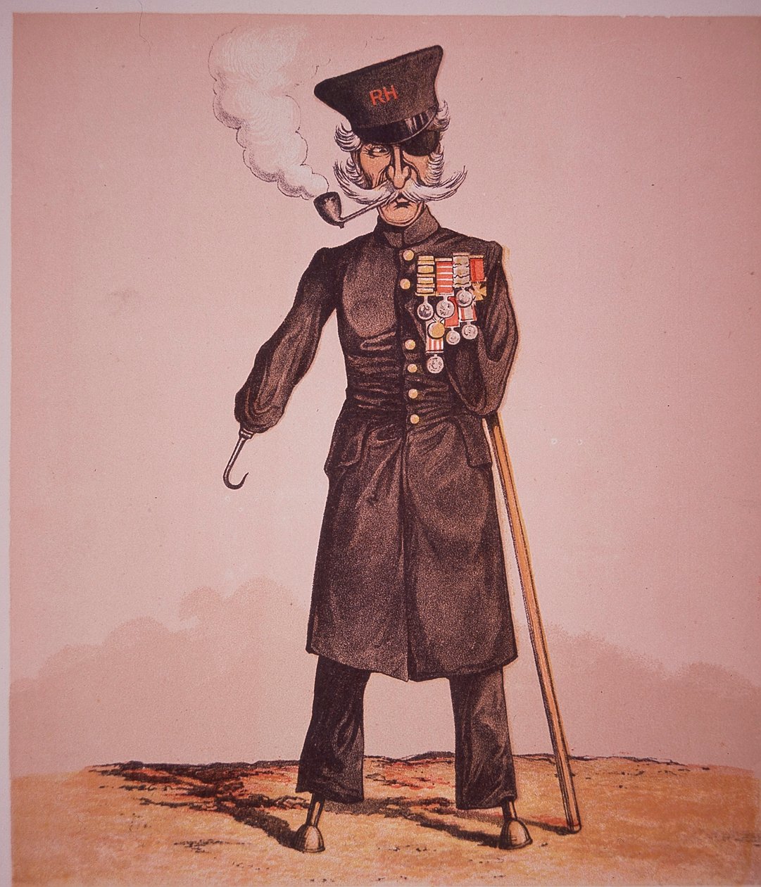 Karikatyyri Chelsean eläkeläisestä Royal Hospitalista, majuri Seccomben "Army and Navy Drolleries" -teoksesta (värillinen kaiverrus) tekijältä English School