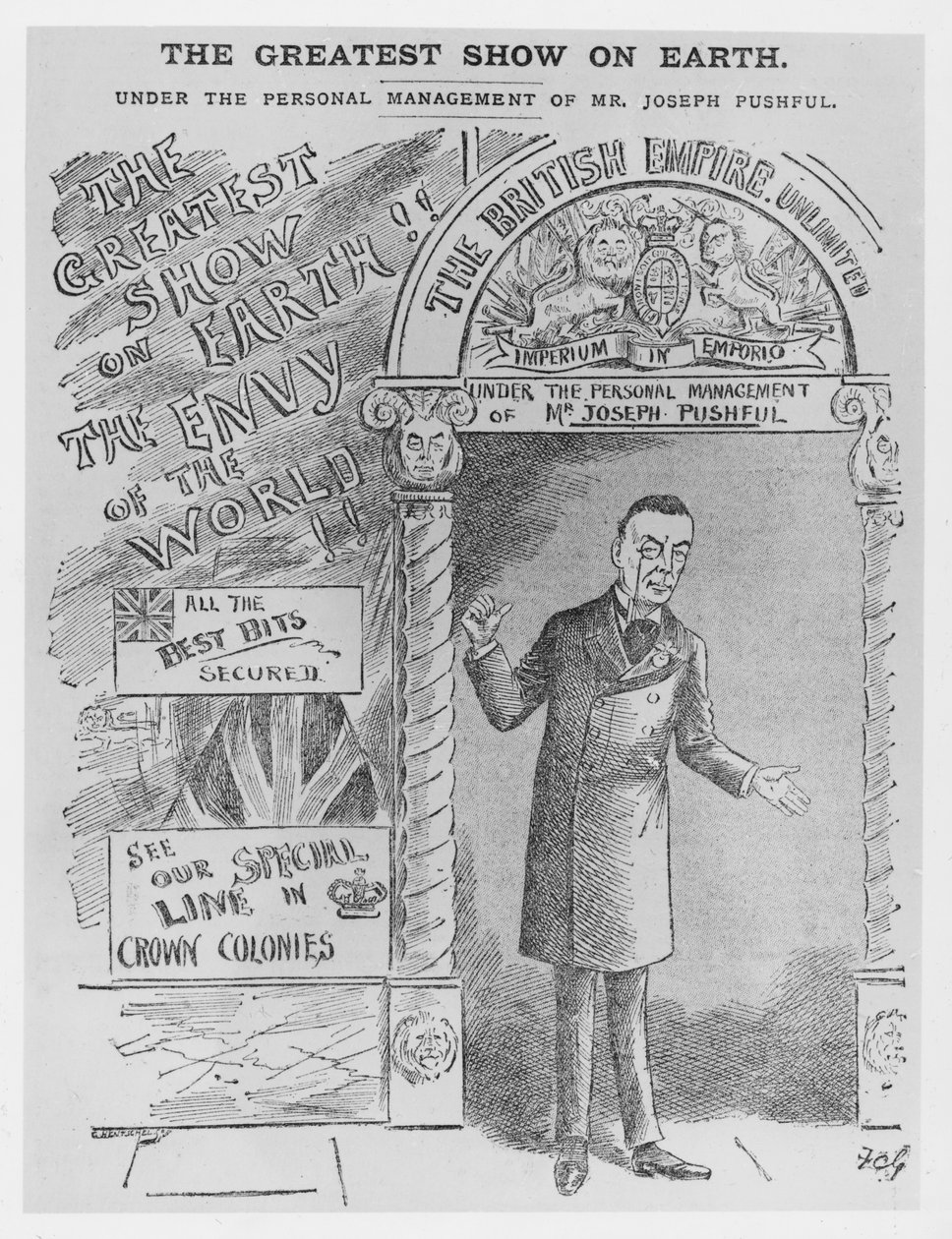 Karikatyyri Joseph Chamberlainista siirtomaasihteerinä, n. 1900 tekijältä English School