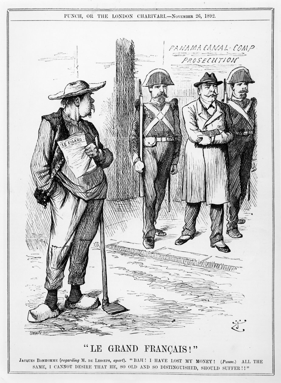 Karikatyyri vicomte Ferdinand Marie de Lessepsistä (1805-94) Punch-lehdestä Lontoosta, 26. marraskuuta 1892 tekijältä English School
