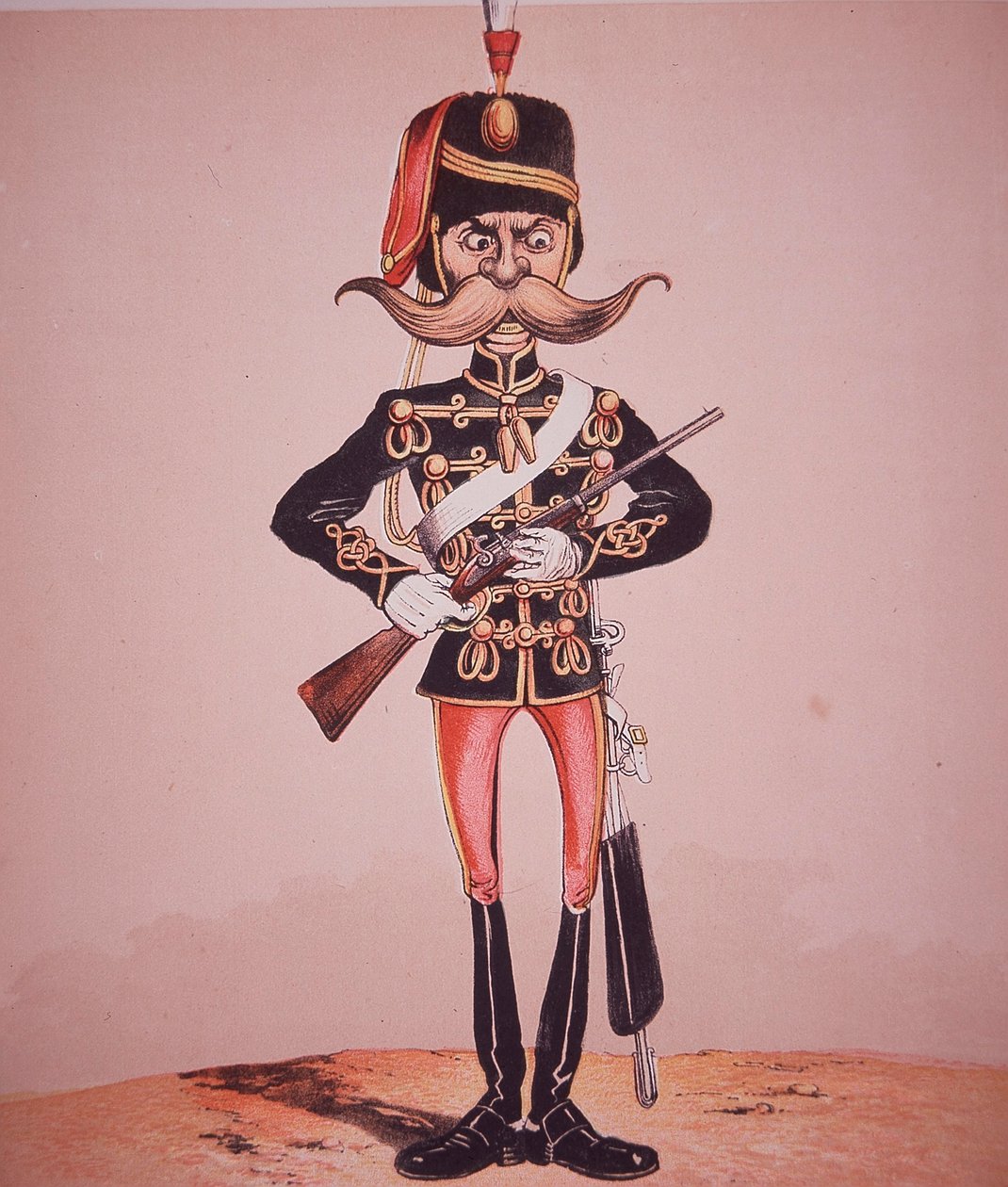 Karikatyyri 11. husaarien vartiosta majuri Seccomben "Army and Navy Drolleries" -teoksesta (värillinen kaiverrus) tekijältä English School