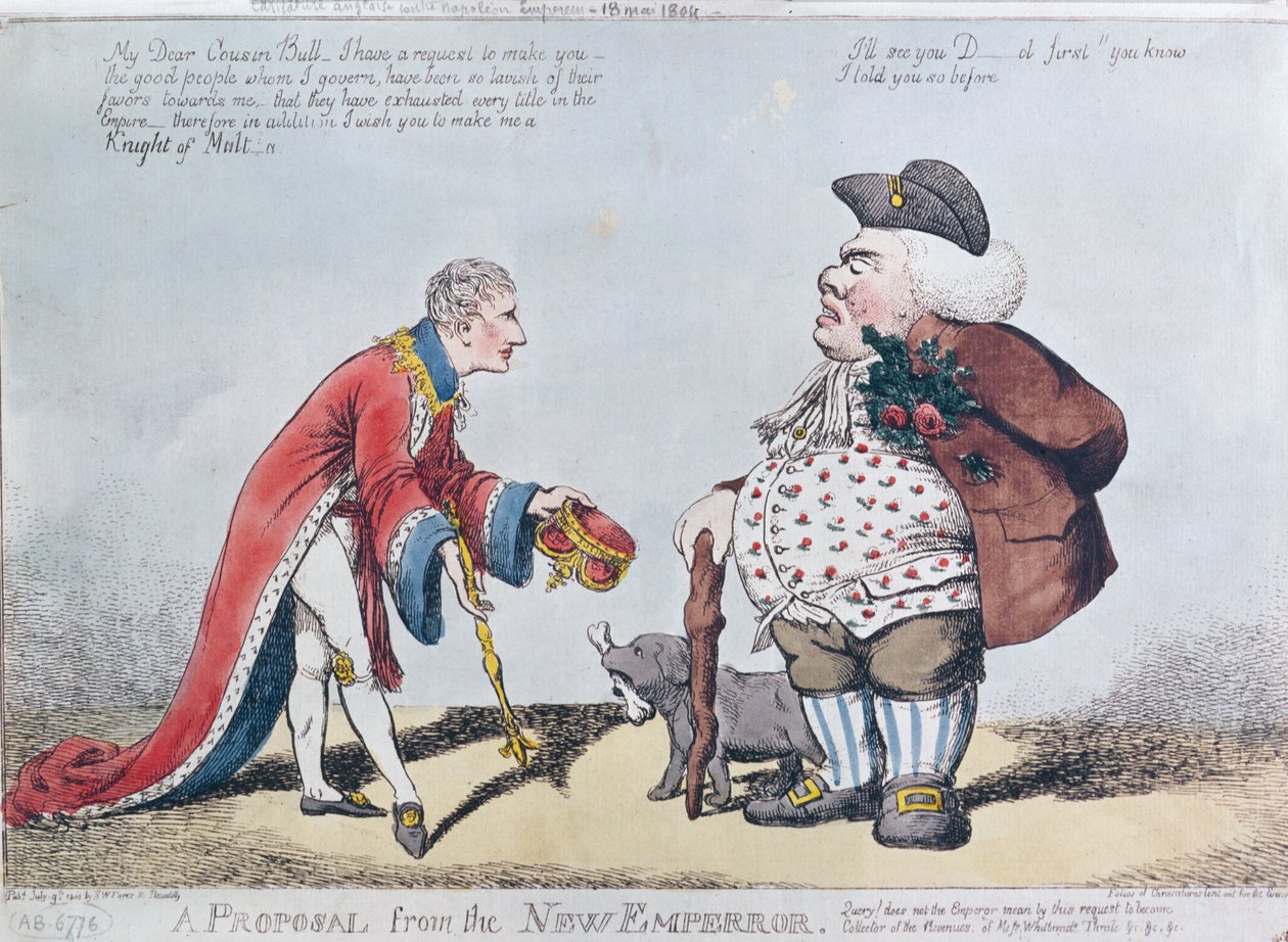 Napoleonia pilkkaava karikatyyri, kun Napoleon julistettiin keisariksi 18. toukokuuta 1804, 9. heinäkuuta 1804 tekijältä English School